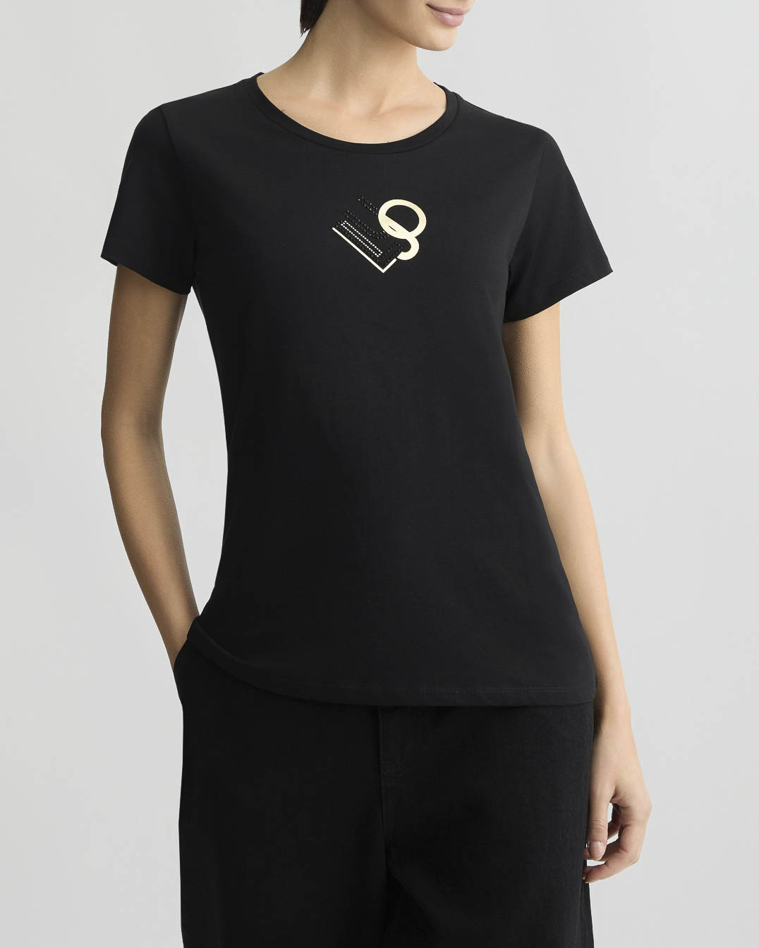 T-shirt nera in cotone con scritta logo nera gialla in strass e glitter