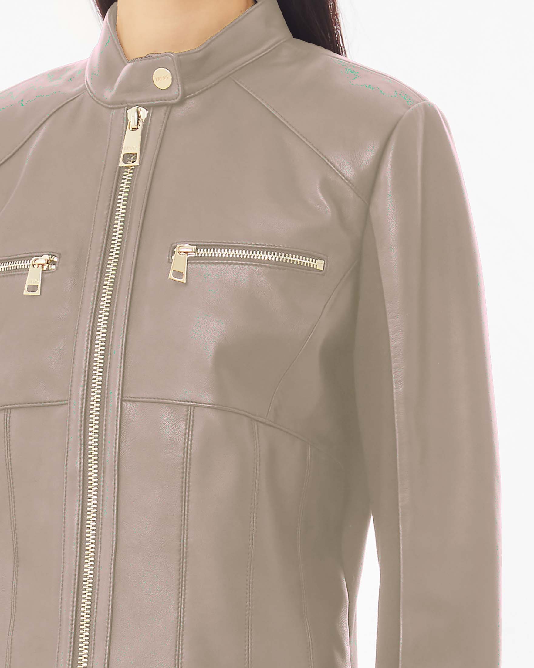 Giacca biker beige in pelle con colletto alla coreana ed inserto in jersey punto Milano sul retro