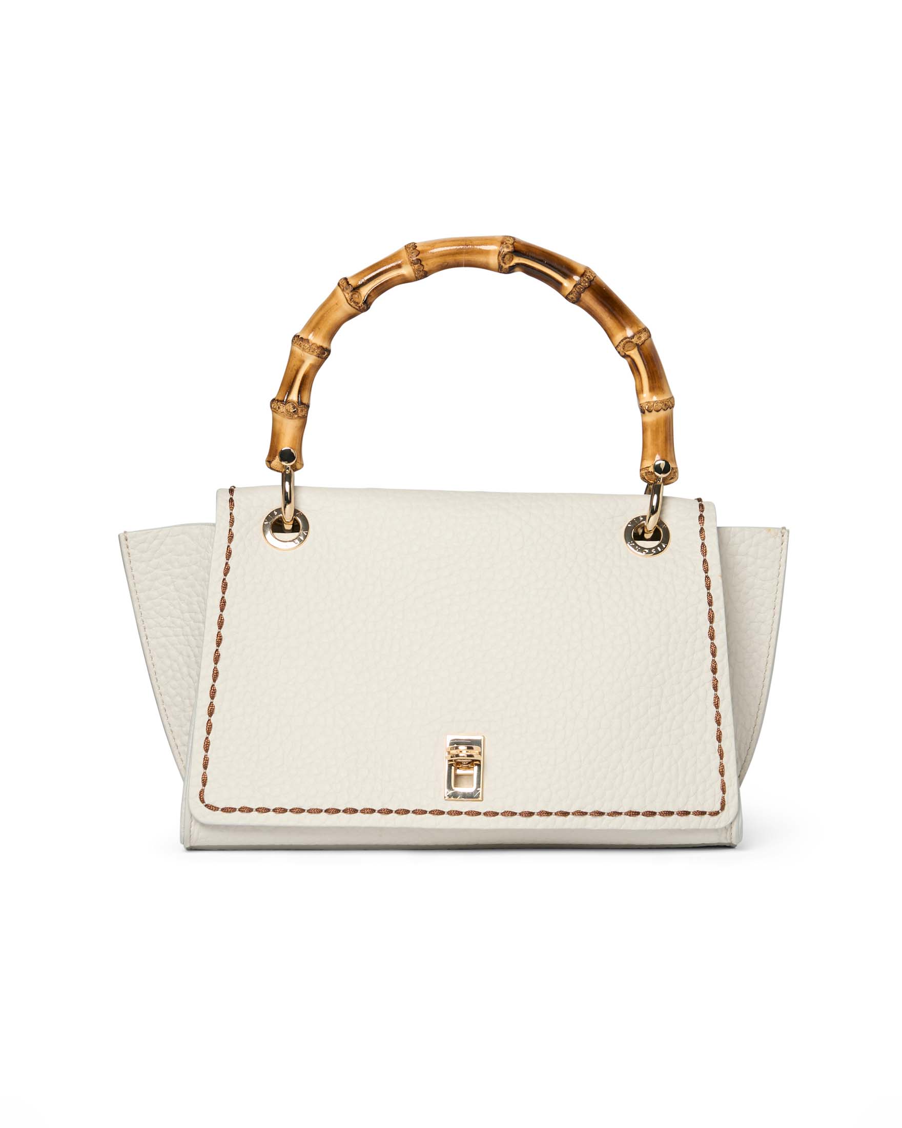 Borsa a mano color avorio a trapezio in pelle bottalata con chiusura a patta e manico in bamboo