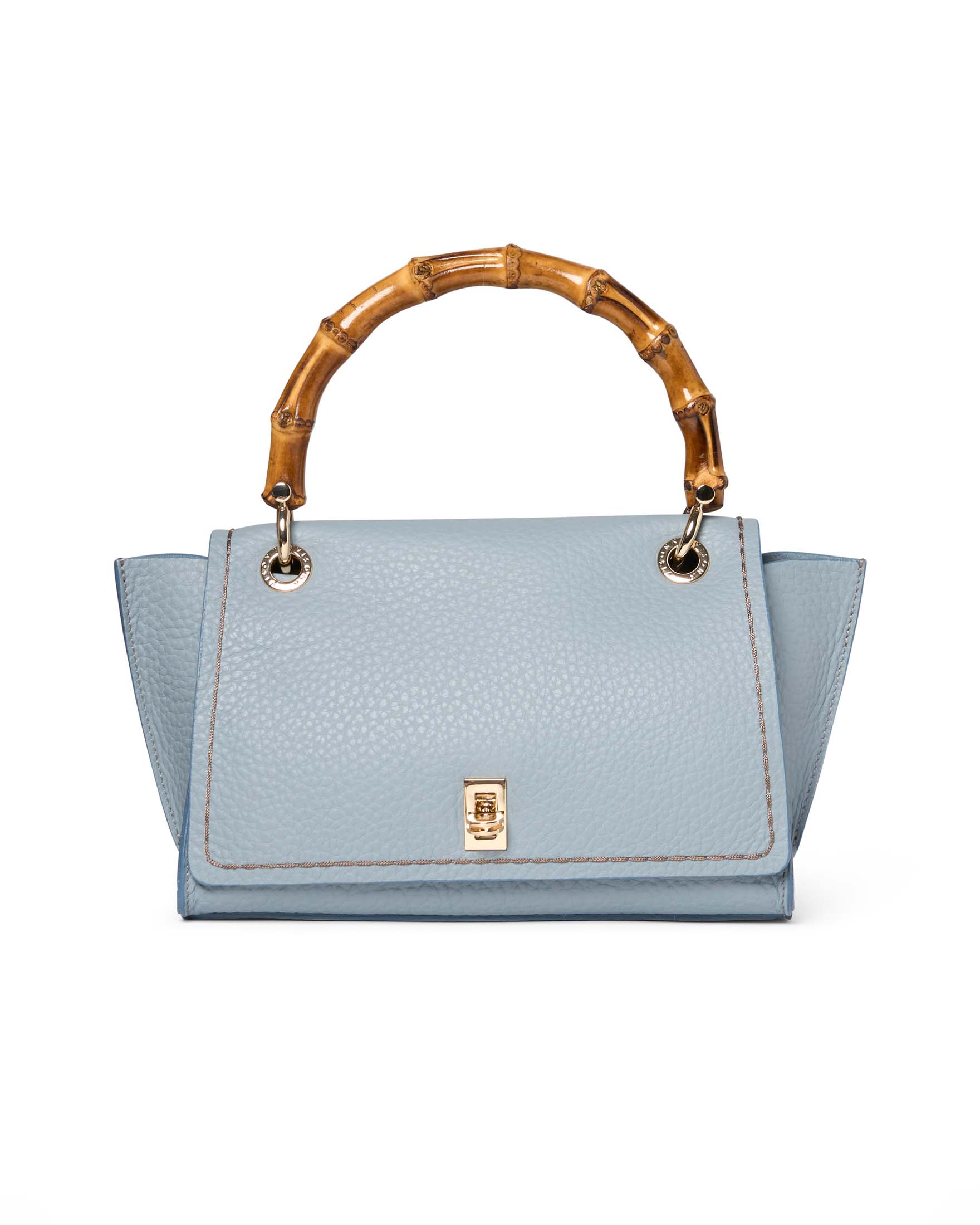Borsa a mano azzurro a trapezio in pelle bottalata con chiusura a patta e manico in bamboo