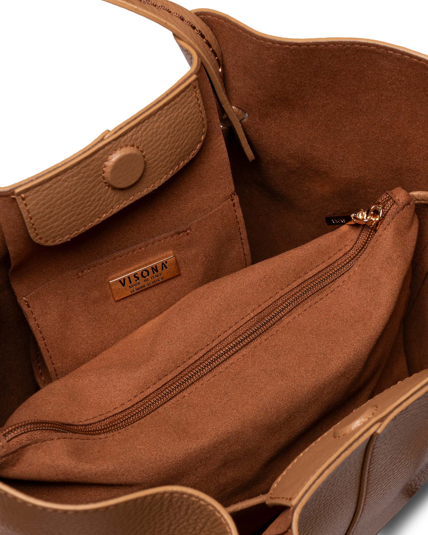 Borsa a mano color cuoio a trapezio in pelle bottalata con manici