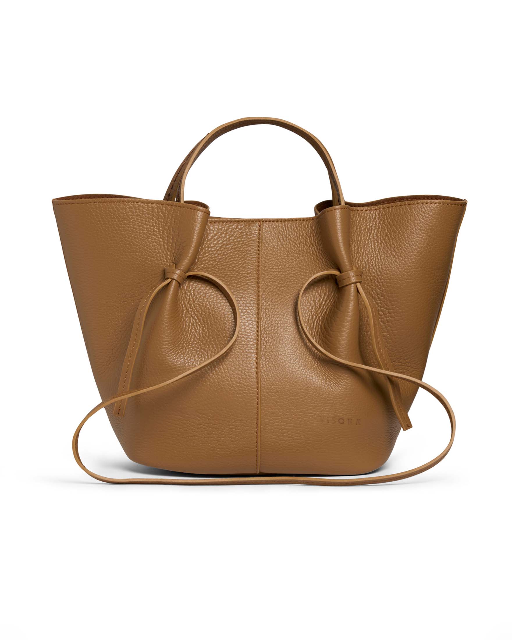 Borsa a mano color cuoio a trapezio in pelle bottalata con manici