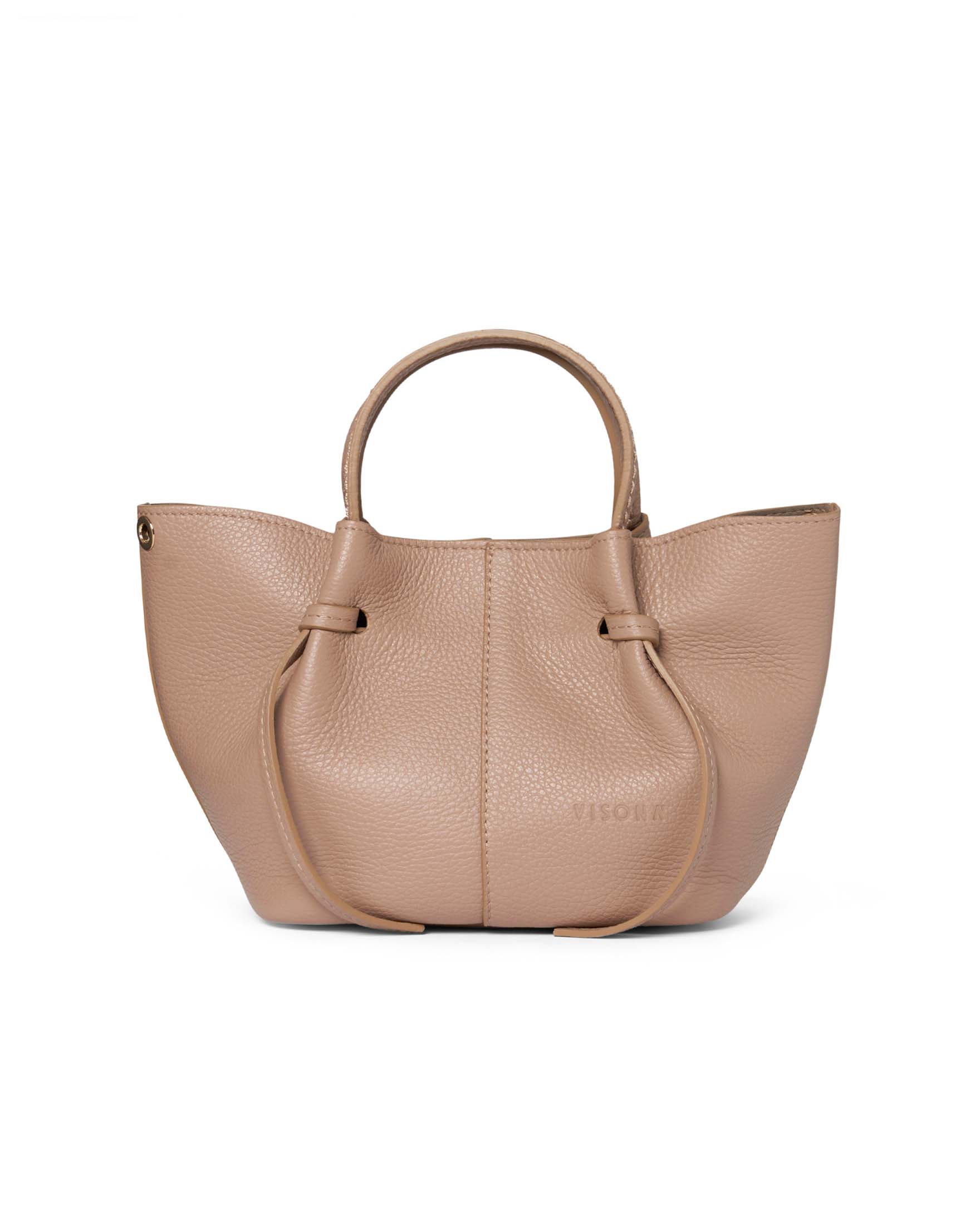 Borsa a mano rosa polvere a trapezio piccola in pelle bottalata con laccetti di regolazione fronte e retro