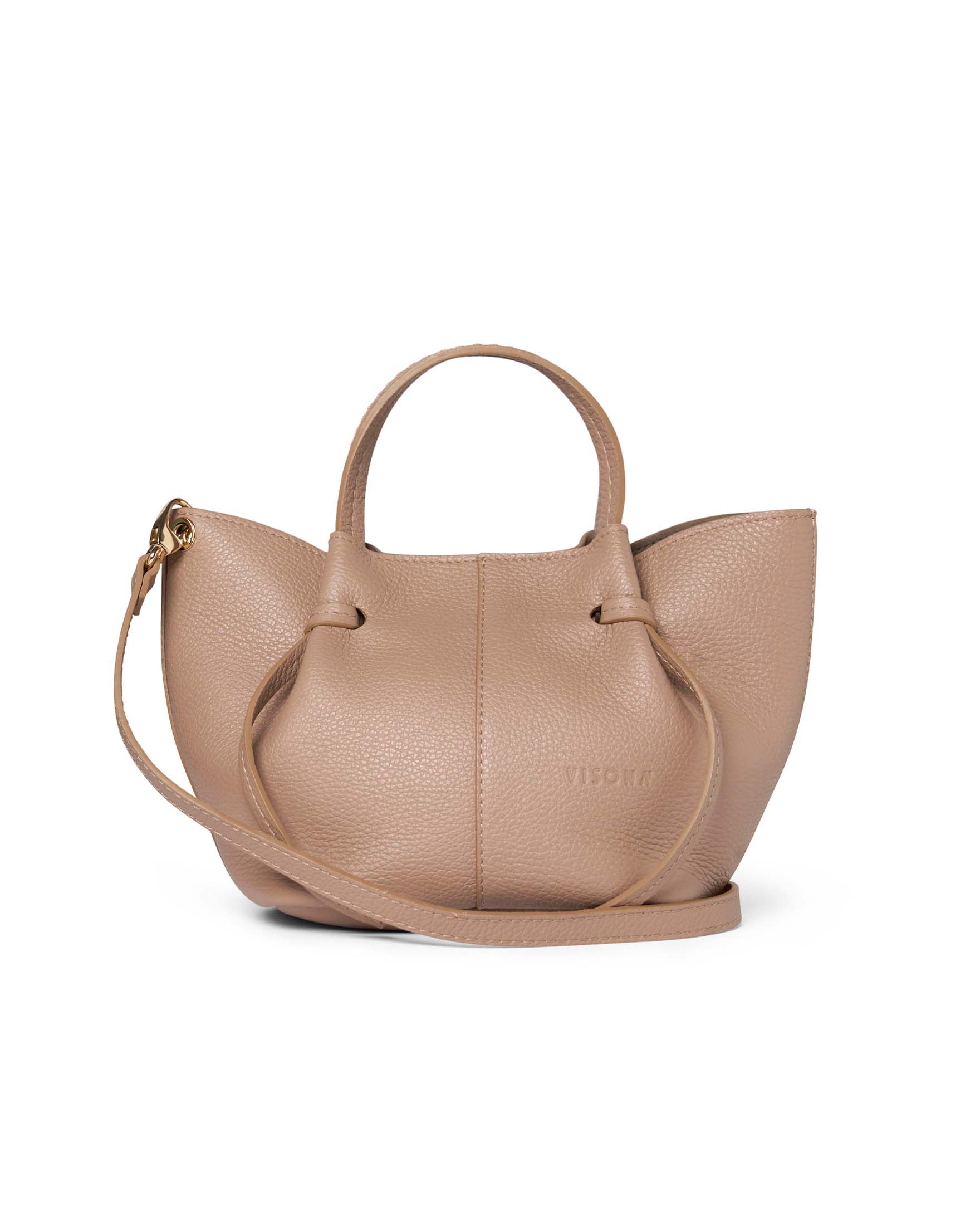 Borsa a mano rosa polvere a trapezio piccola in pelle bottalata