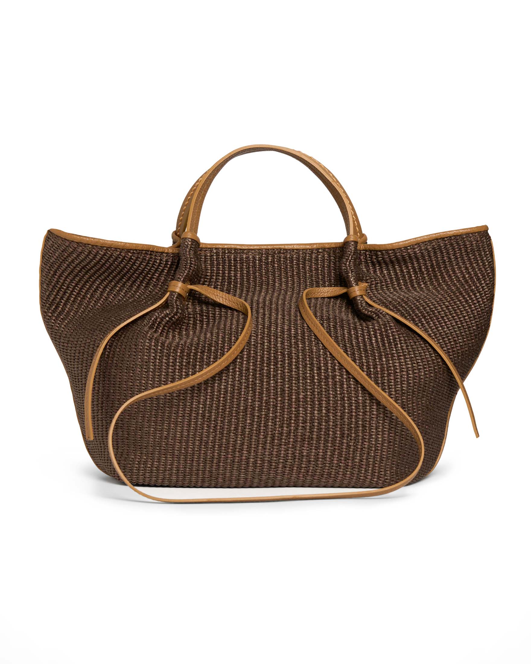 Borsa a mano color testa di moro a trapezio grande in rafia con profili e manici in pelle color cuoio