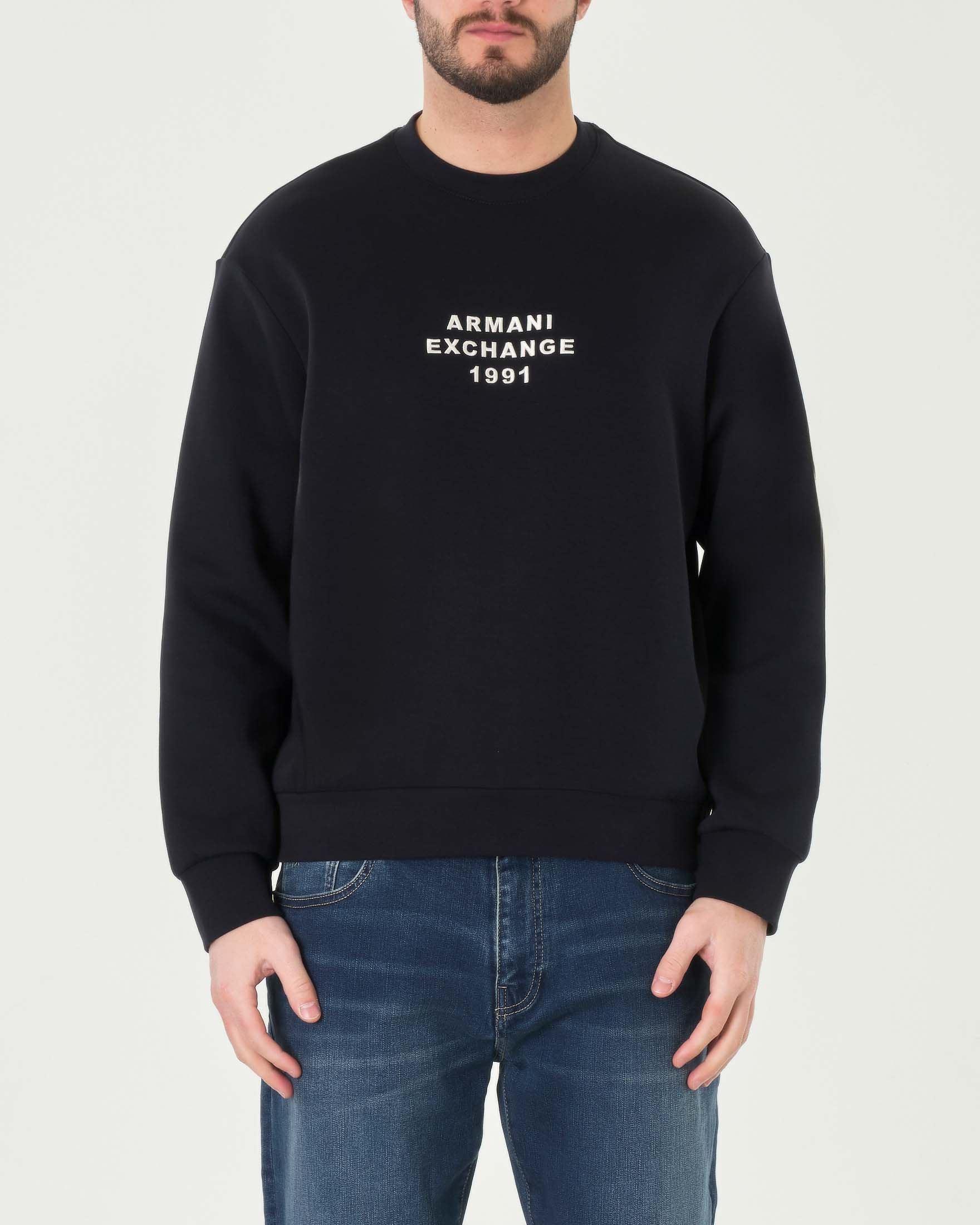 Felpa blu girocollo in interlock di cotone con logo scritta ricamato sul petto