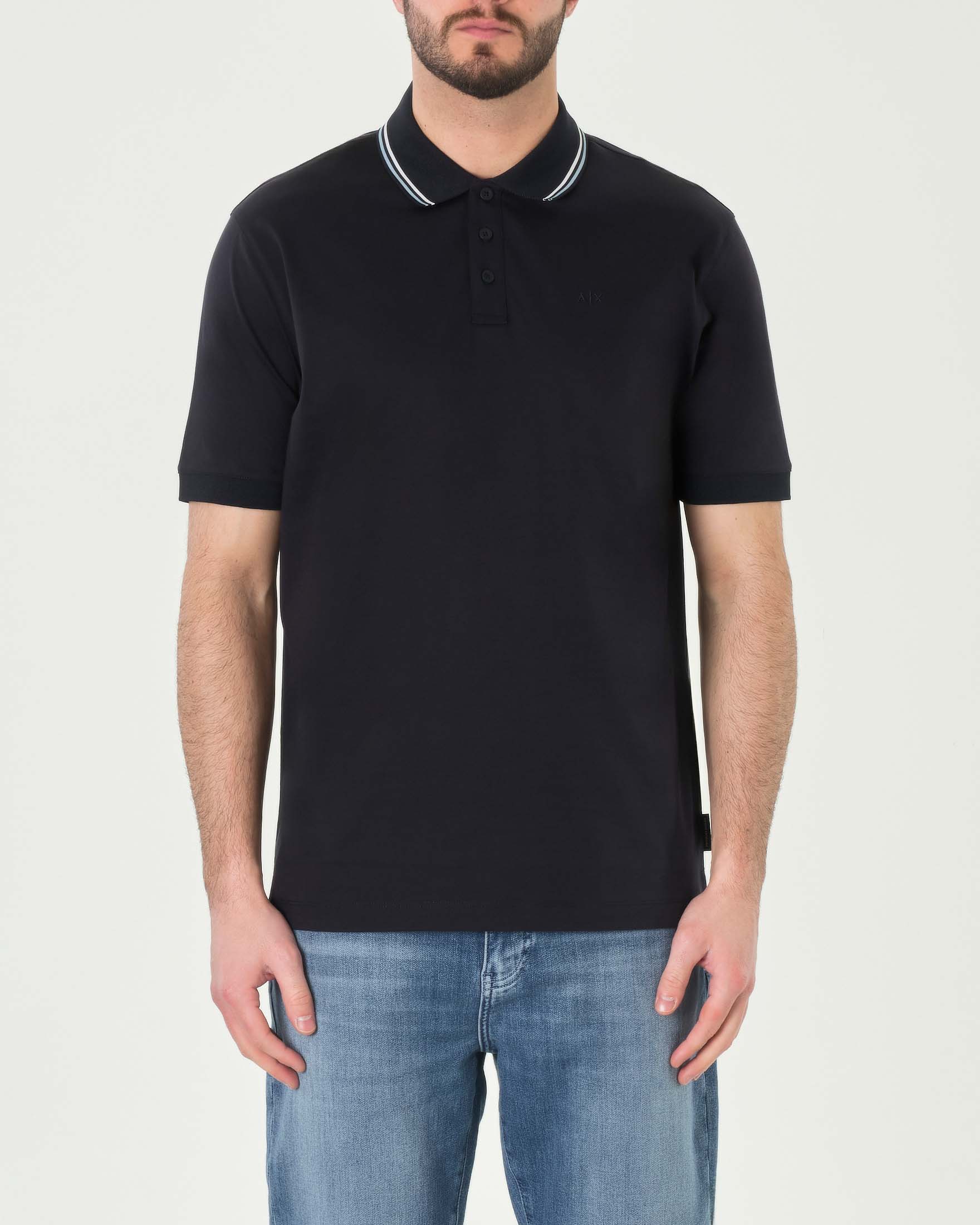 Polo blu mezza manica in puro cotone con bordino azzurro e bianco