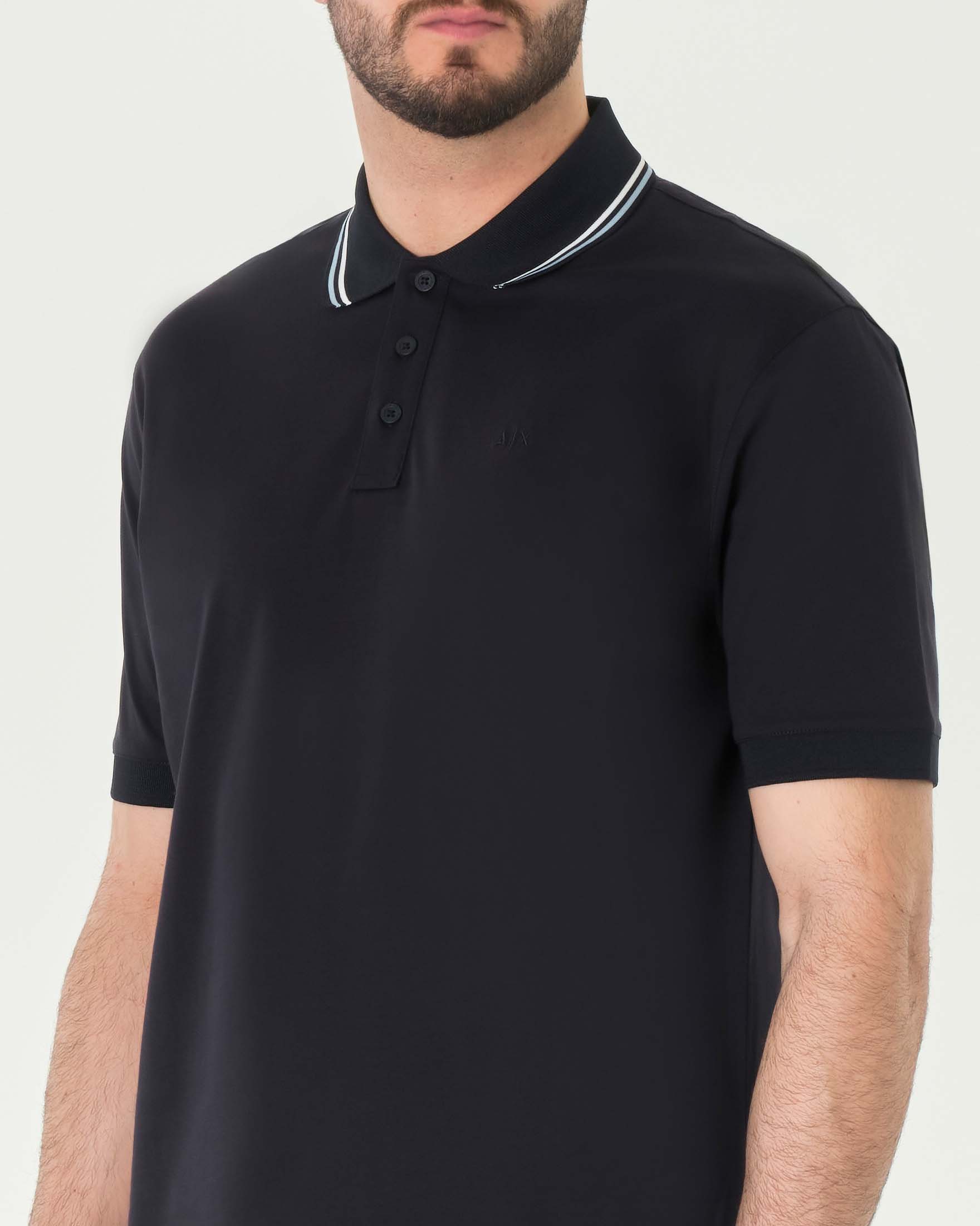 Polo blu mezza manica in puro cotone con bordino azzurro e bianco image