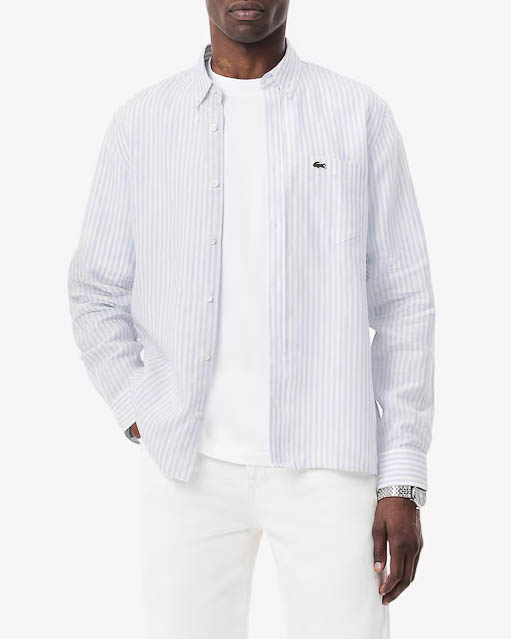 Camicia a righe bianche e azzurre in puro lino con taschino al petto