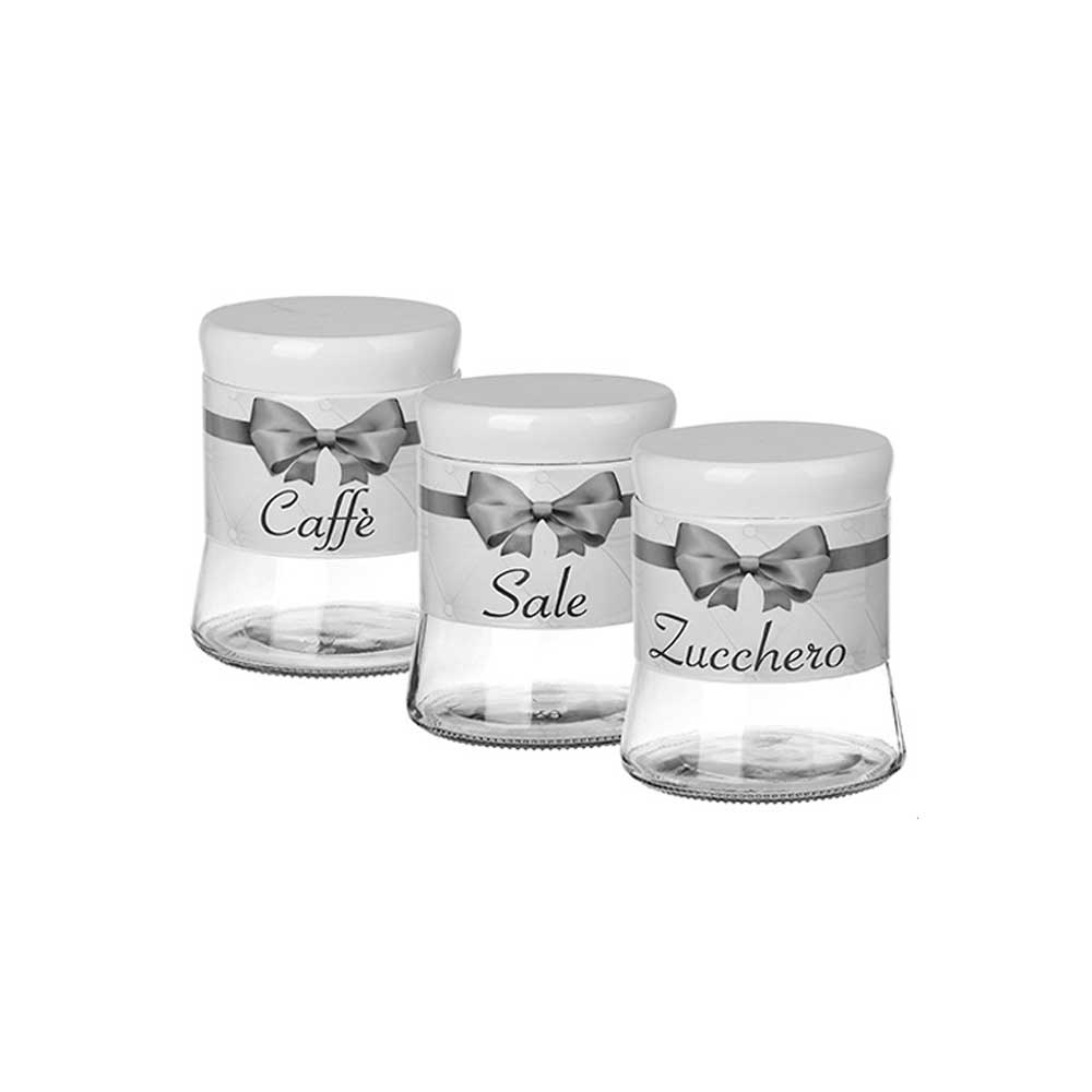 Giardini Di Marzo Tris Barattoli In Vetro Con Fiocco Colore Grigio 11,5X11,5X13,5H Cm