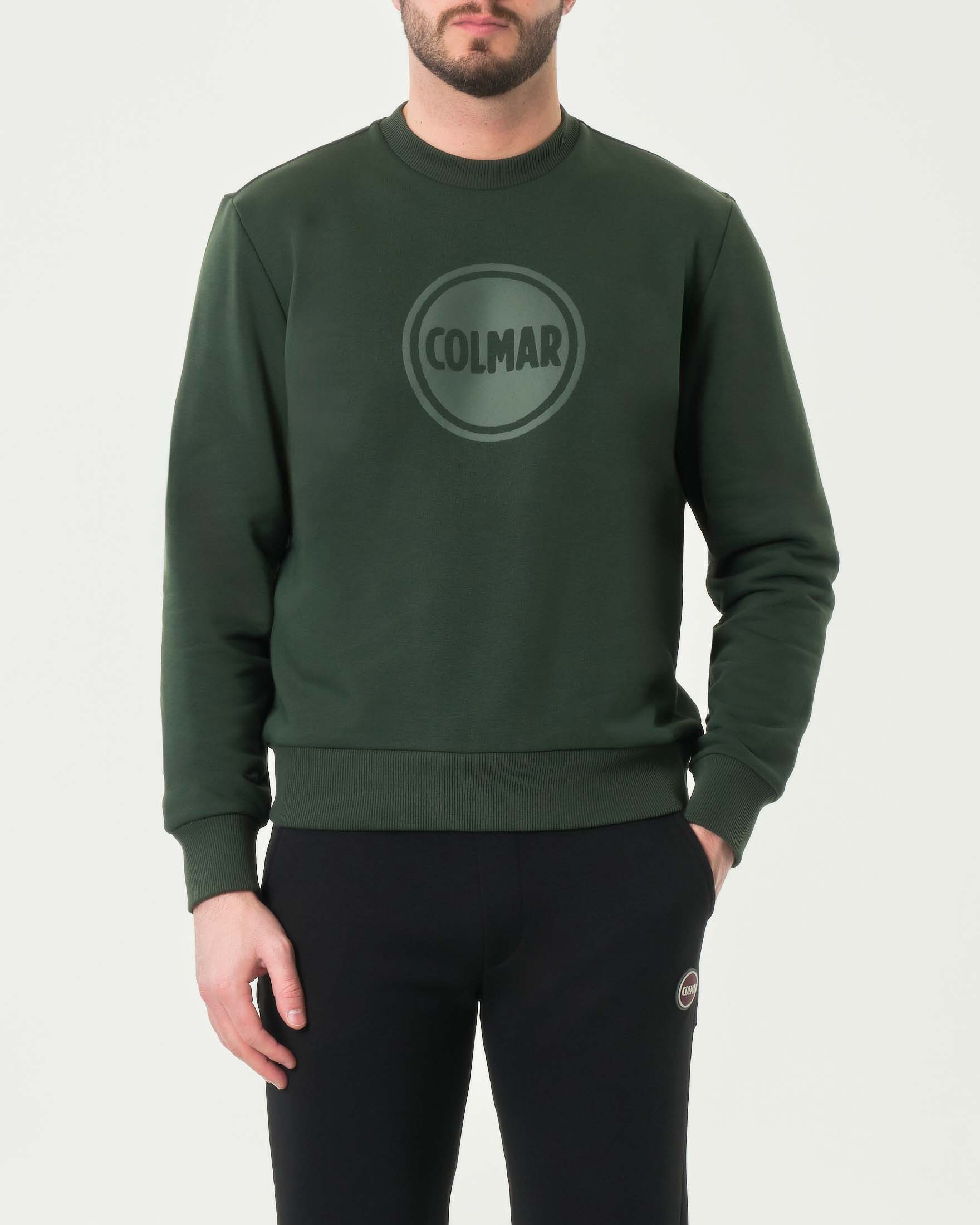 Felpa verde girocollo con logo bollo stampato tono su tono sul petto