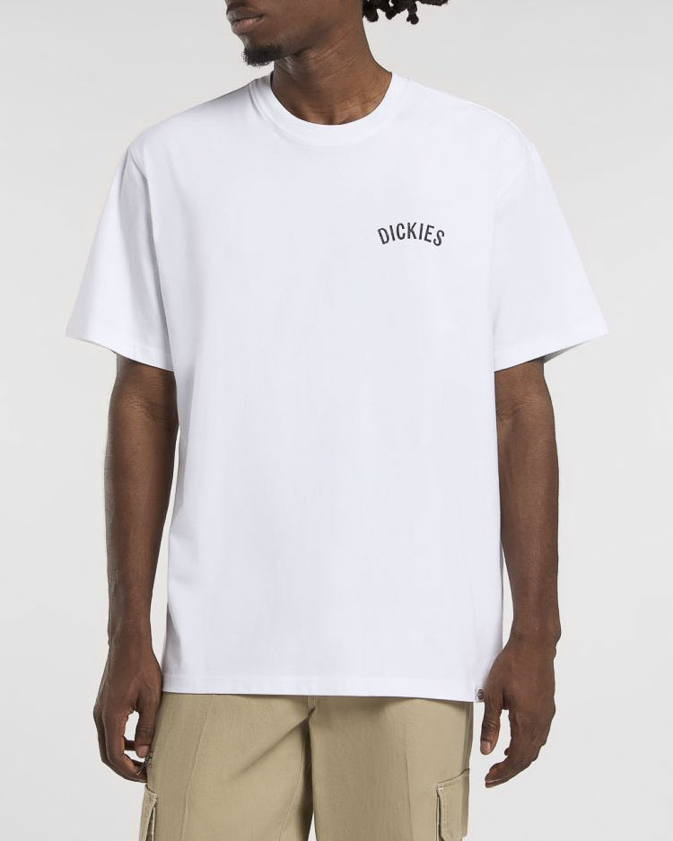 T-shirt bianca mezza manica con logo scritta sul petto e maxi grafica serpente a sonagli sul retro