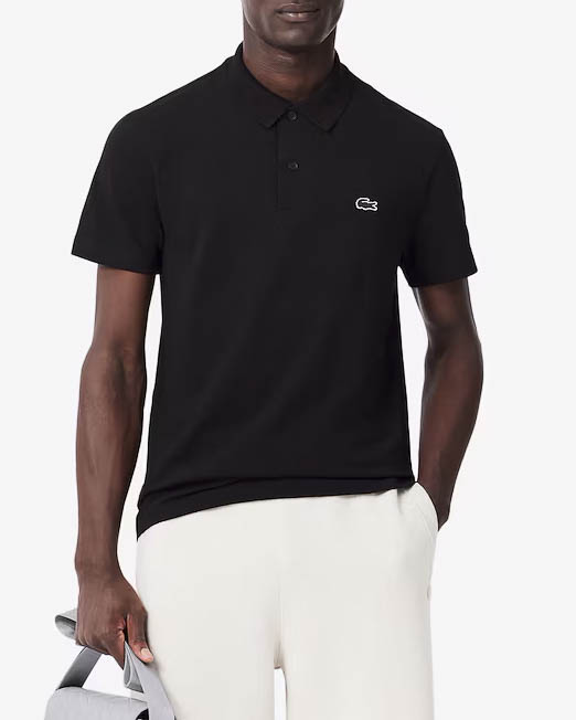 Polo mezza manica nera in cotone organico stretch punto wafer