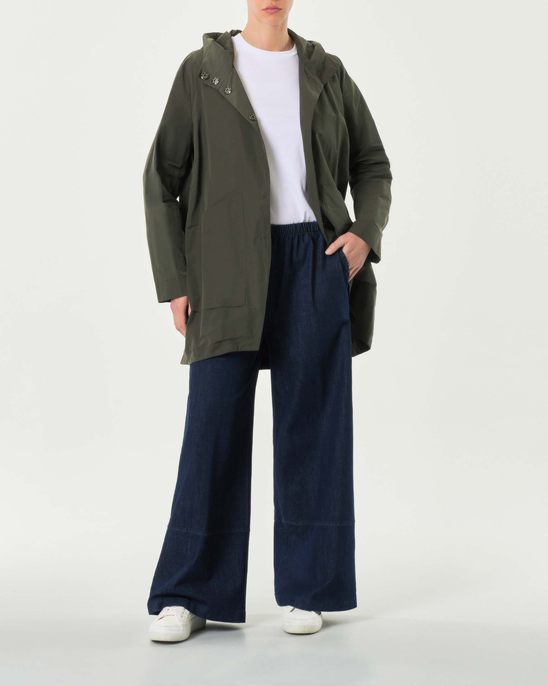 Parka verde militare in misto cotone semi lucido con cappuccio e