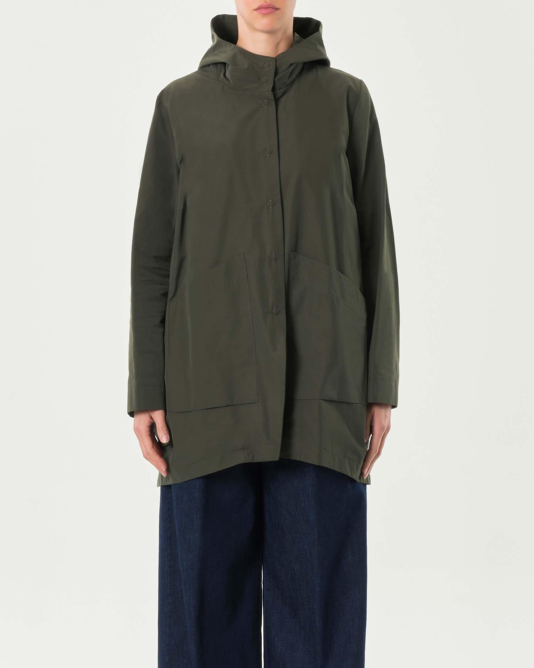 Parka verde militare in misto cotone semi lucido con cappuccio e tasconi applicati image