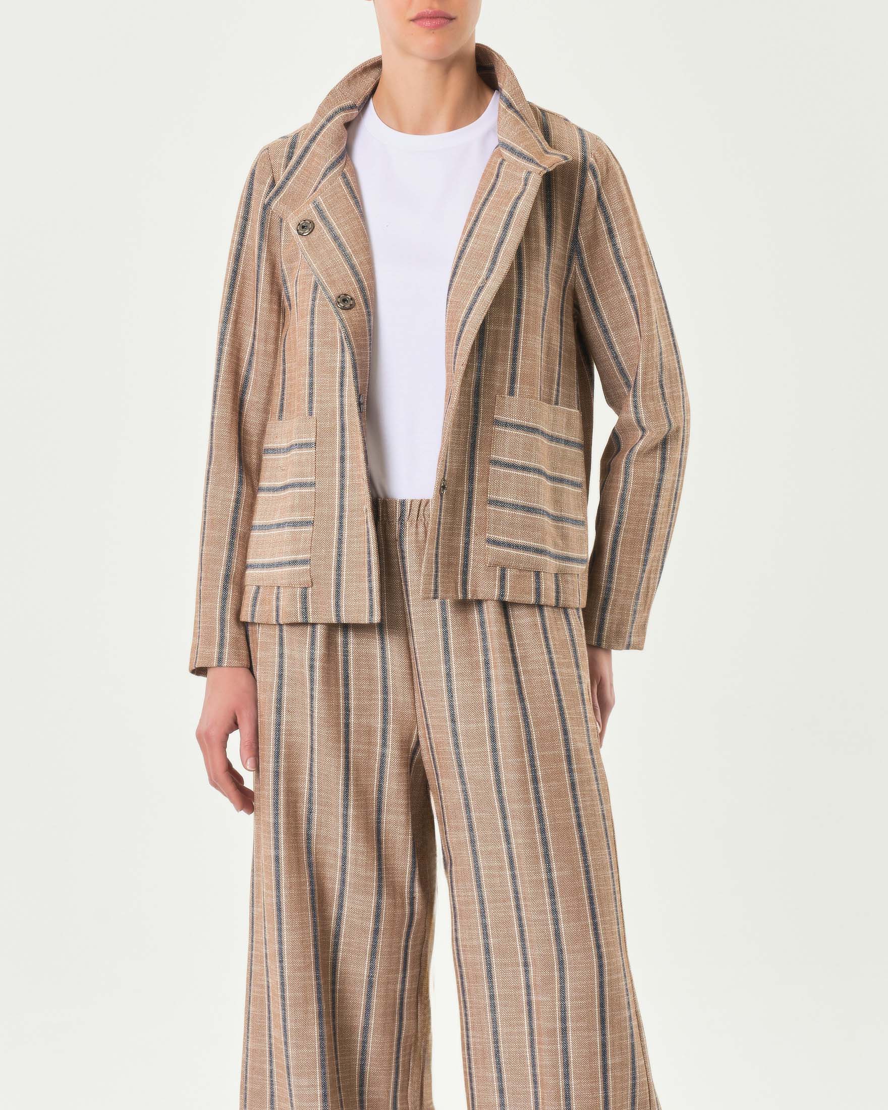 Giacchina in cotone a fantasia a righe verticali in denim blu con collo in piedi