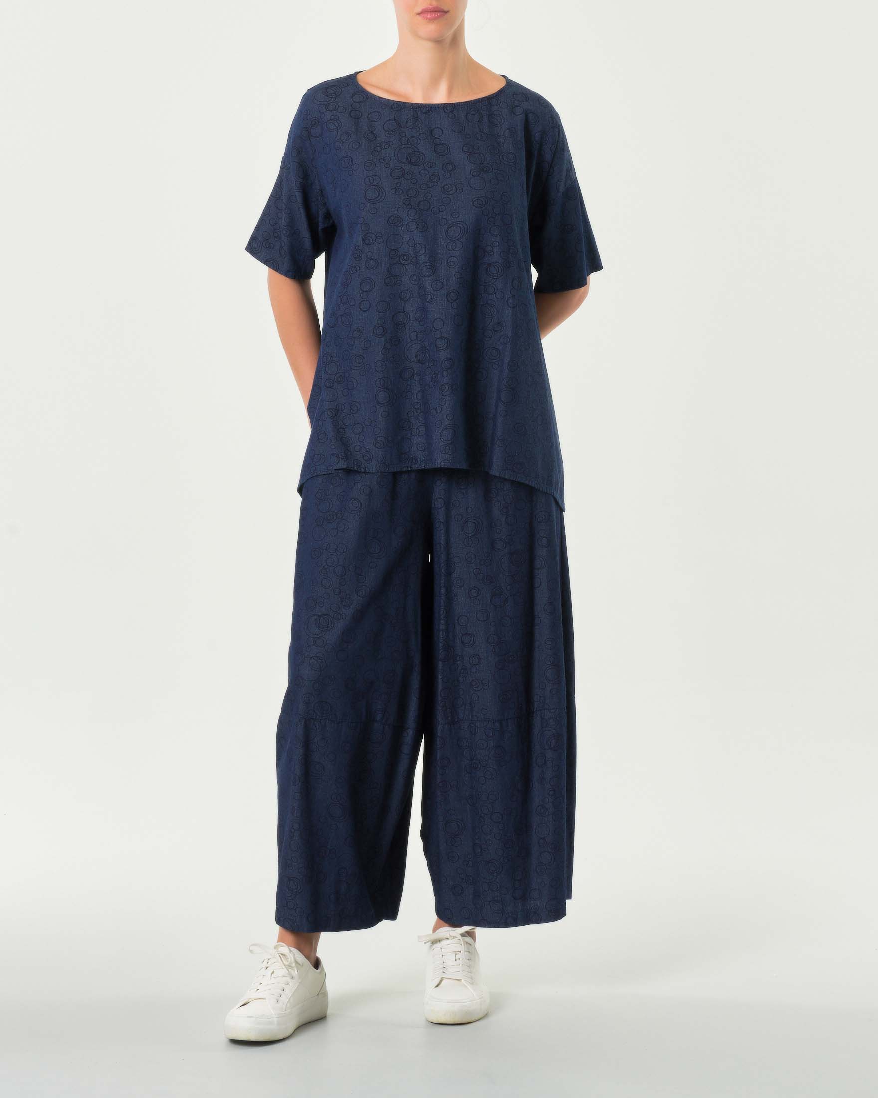 Pantaloni super wide blu in cotone chambray a fantasia bolli con elastico in vita