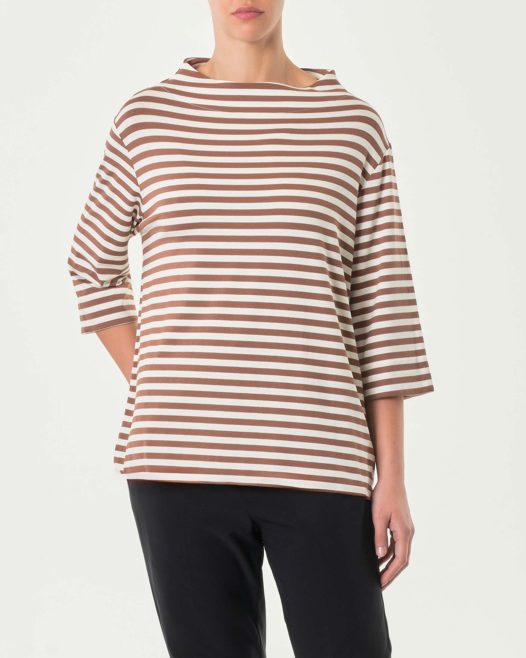 T-shirt in viscosa stretch avorio a righe tabacco con maniche tre quarti e collo a cratere