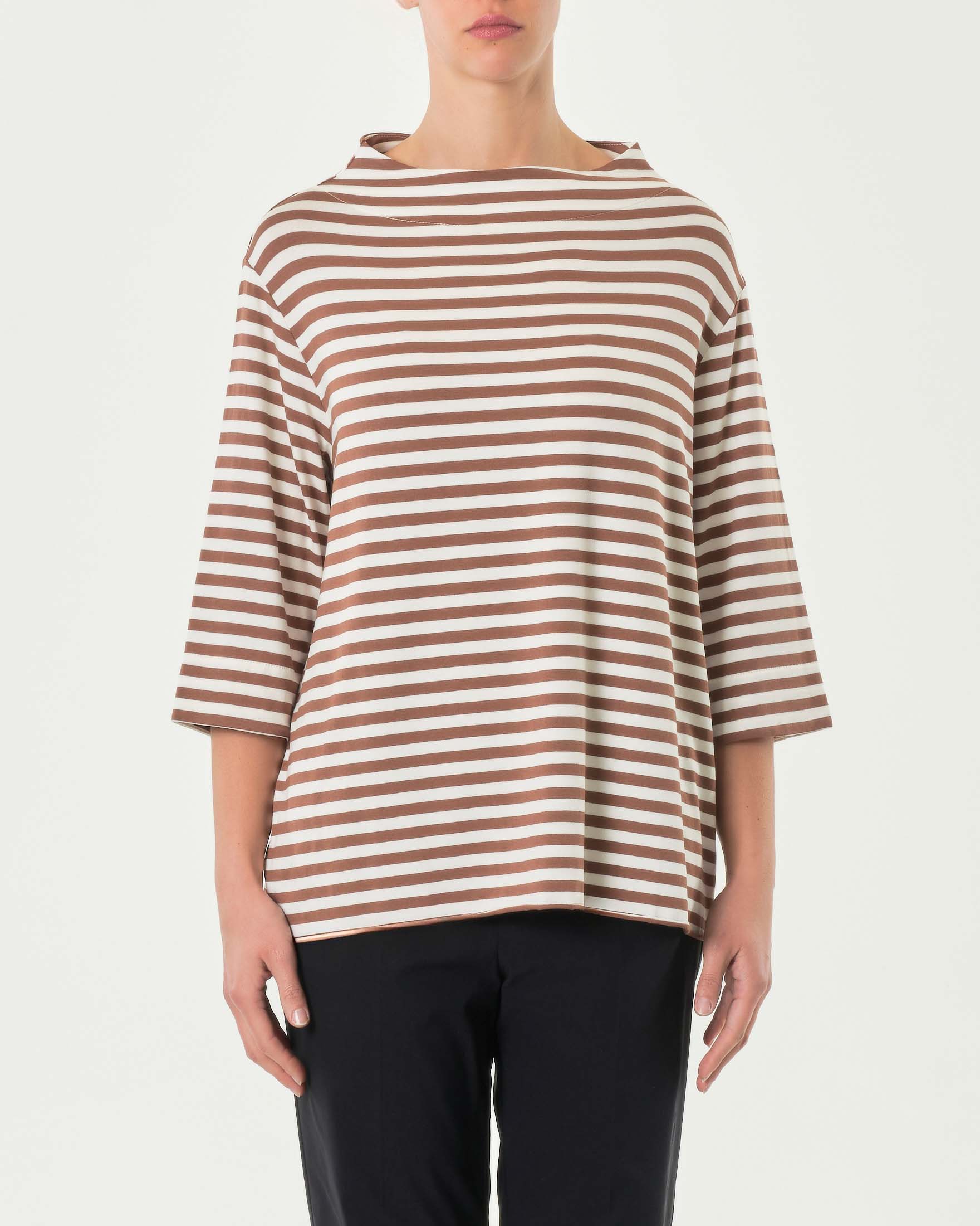 T-shirt in viscosa stretch avorio a righe tabacco con maniche tre quarti e collo a cratere image