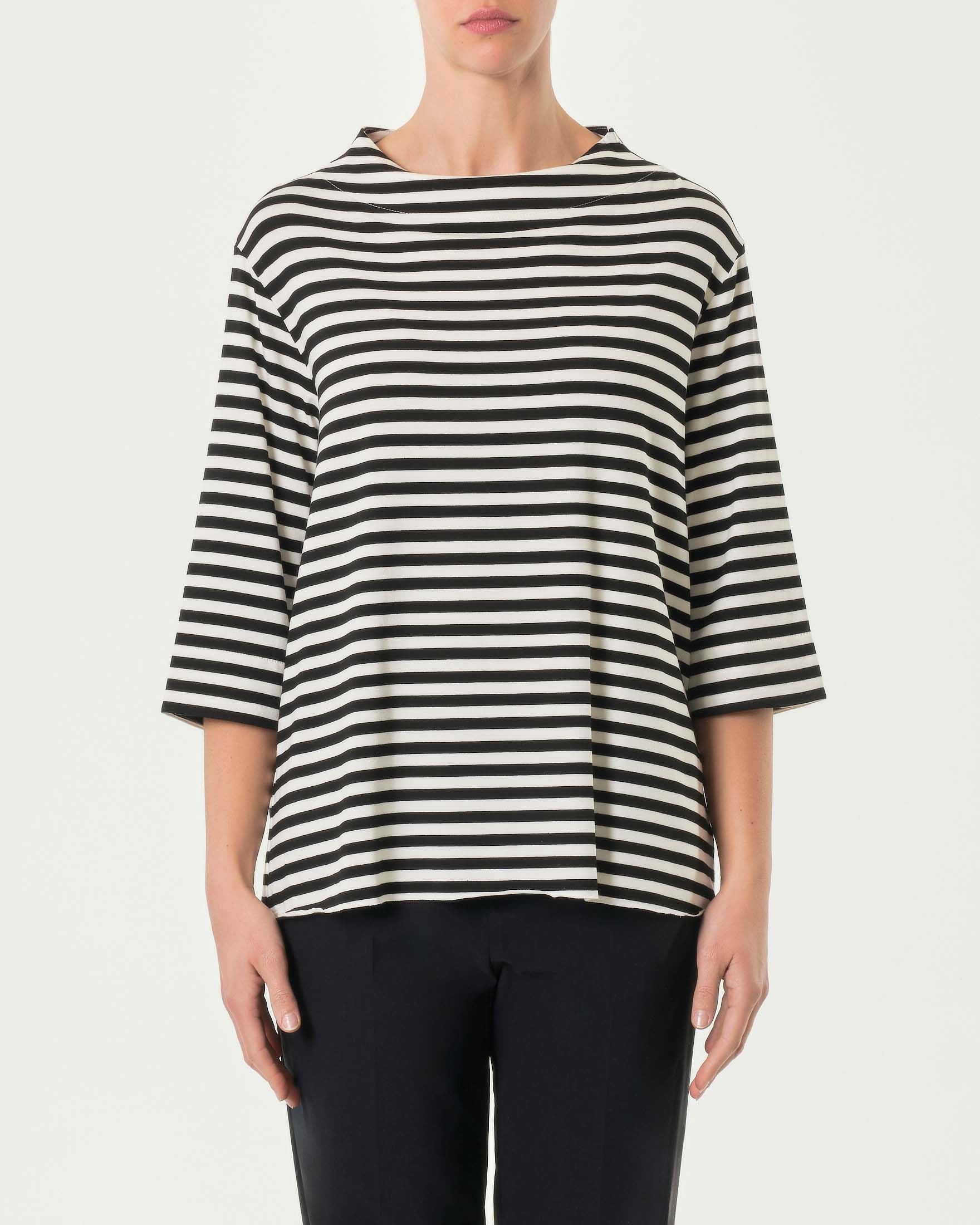 T-shirt in viscosa stretch avorio a righe nere con maniche tre quarti e collo a cratere image