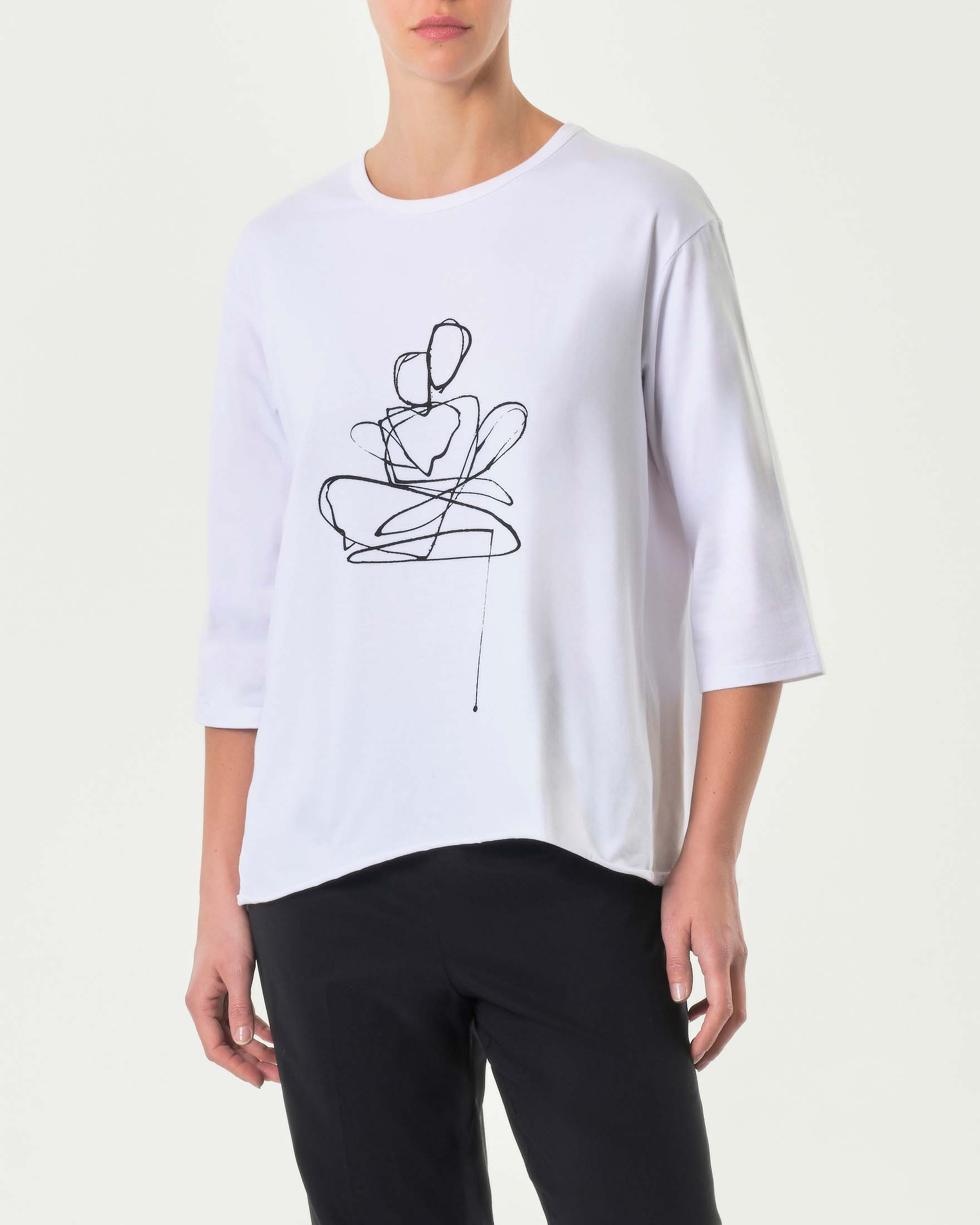 T-shirt bianca in cotone stretch con maniche tre quarti e stampa grafica nera sul davanti