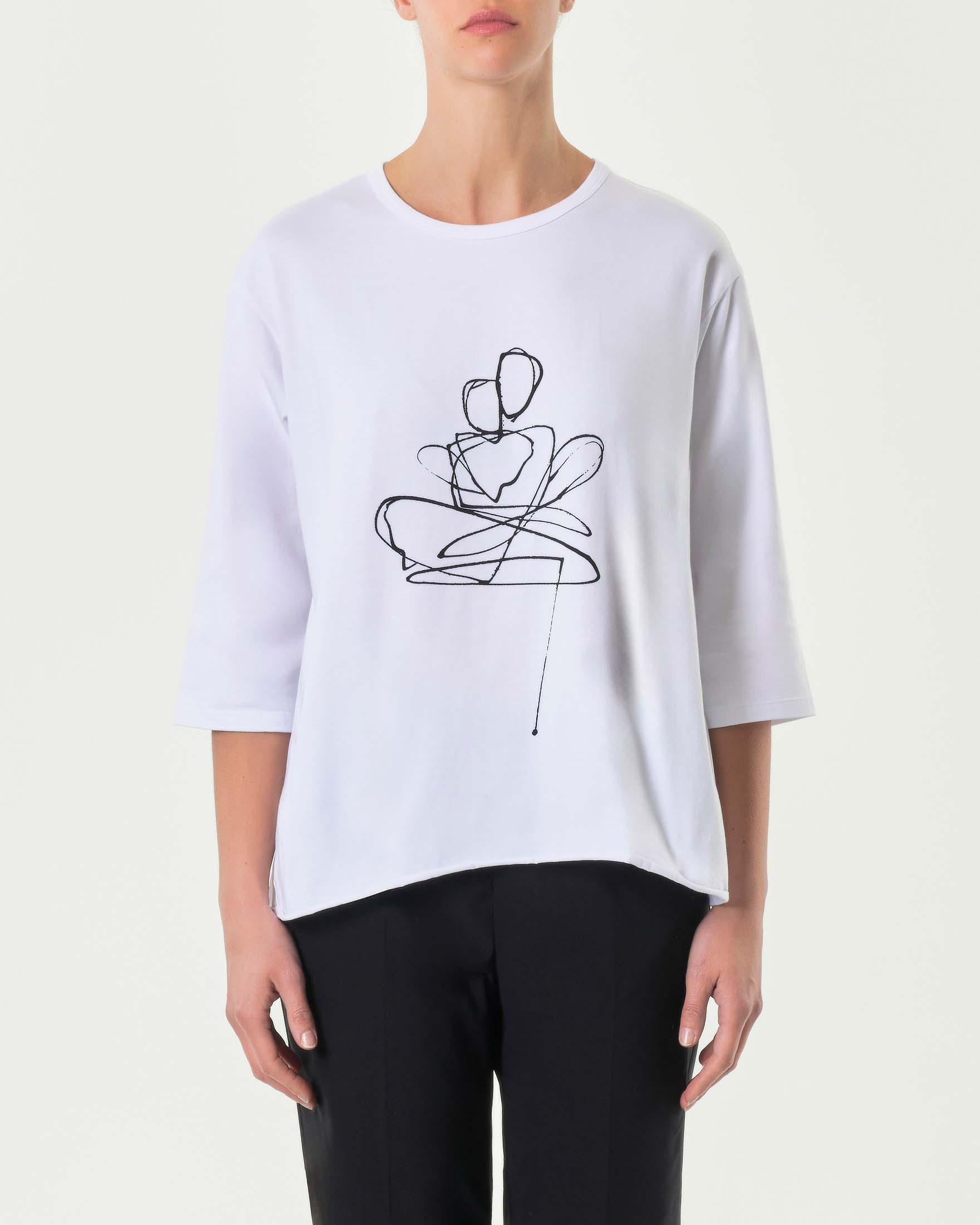 T-shirt bianca in cotone stretch con maniche tre quarti e stampa grafica nera sul davanti image