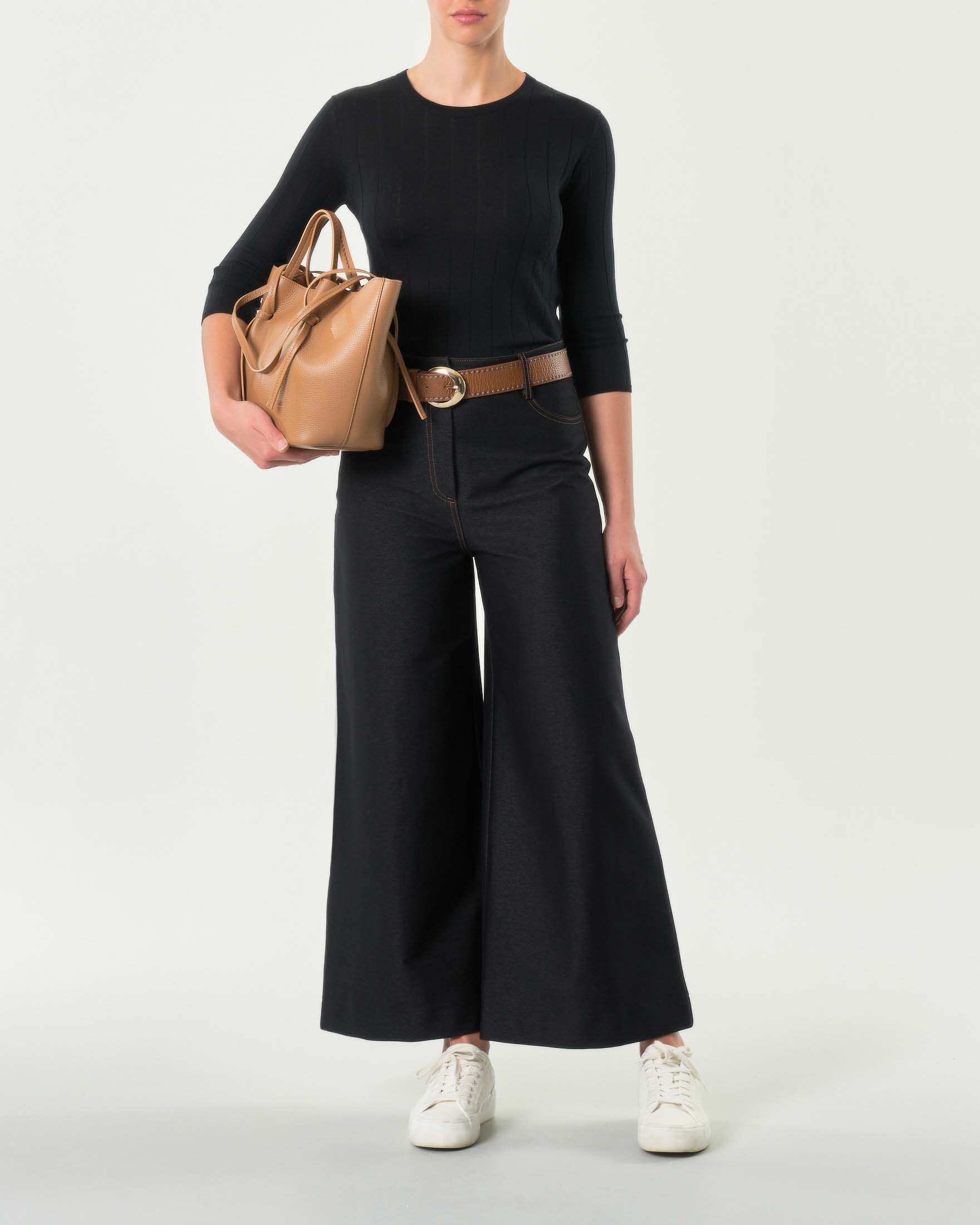 Pantaloni blu super wide in jersey effetto denim stretch con cuciture a contrasto