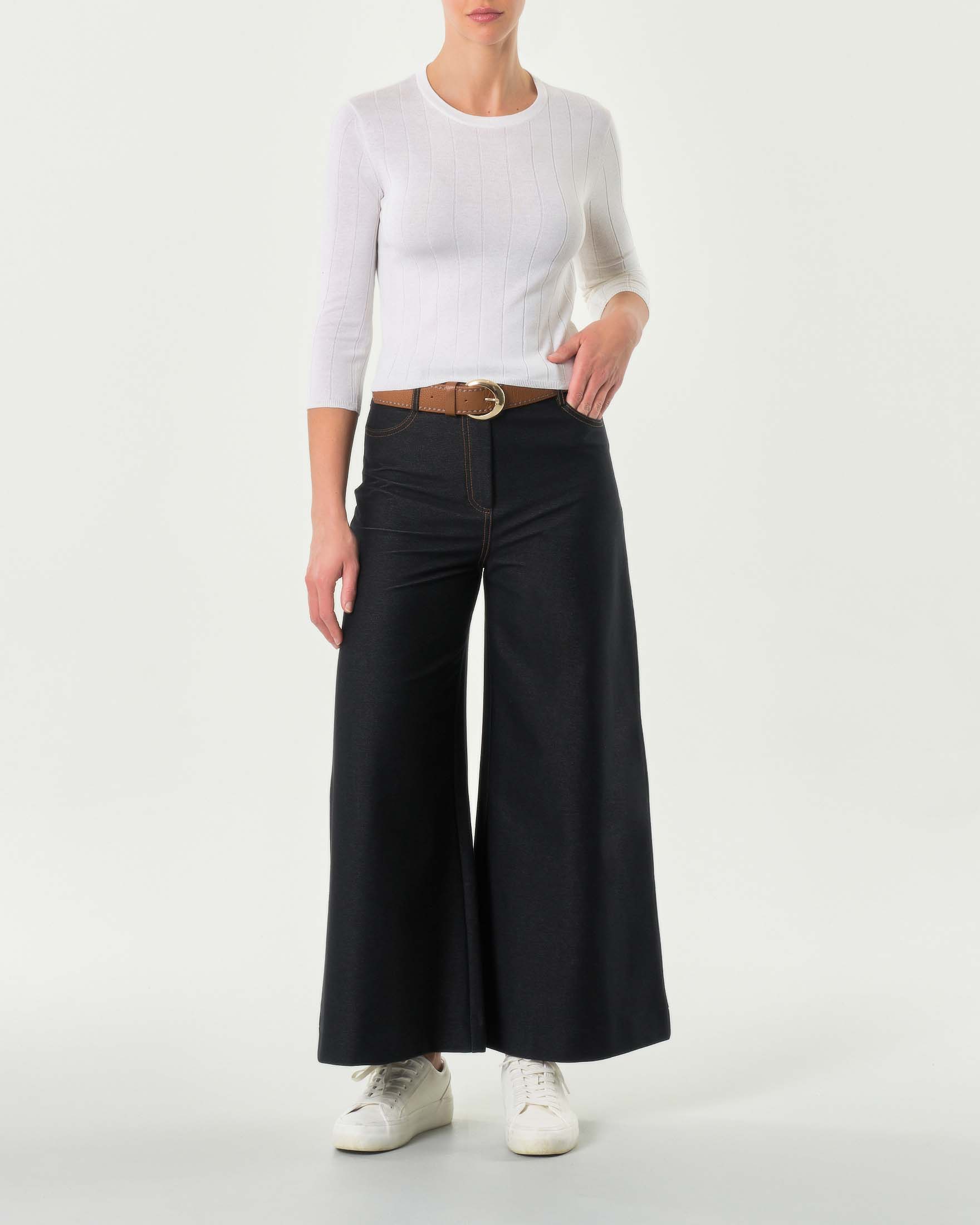 Maglia bianca in seta e cotone a coste piatte con maniche tre quarti