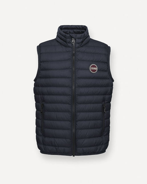 Gilet Originals blu in nylon opaco imbottito in piuma con colletto alto
