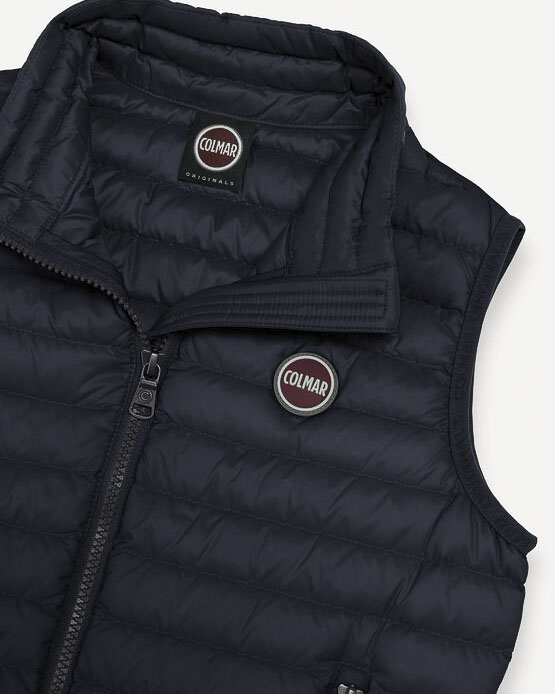 Gilet blu in nylon opaco imbottito in piuma con colletto alto