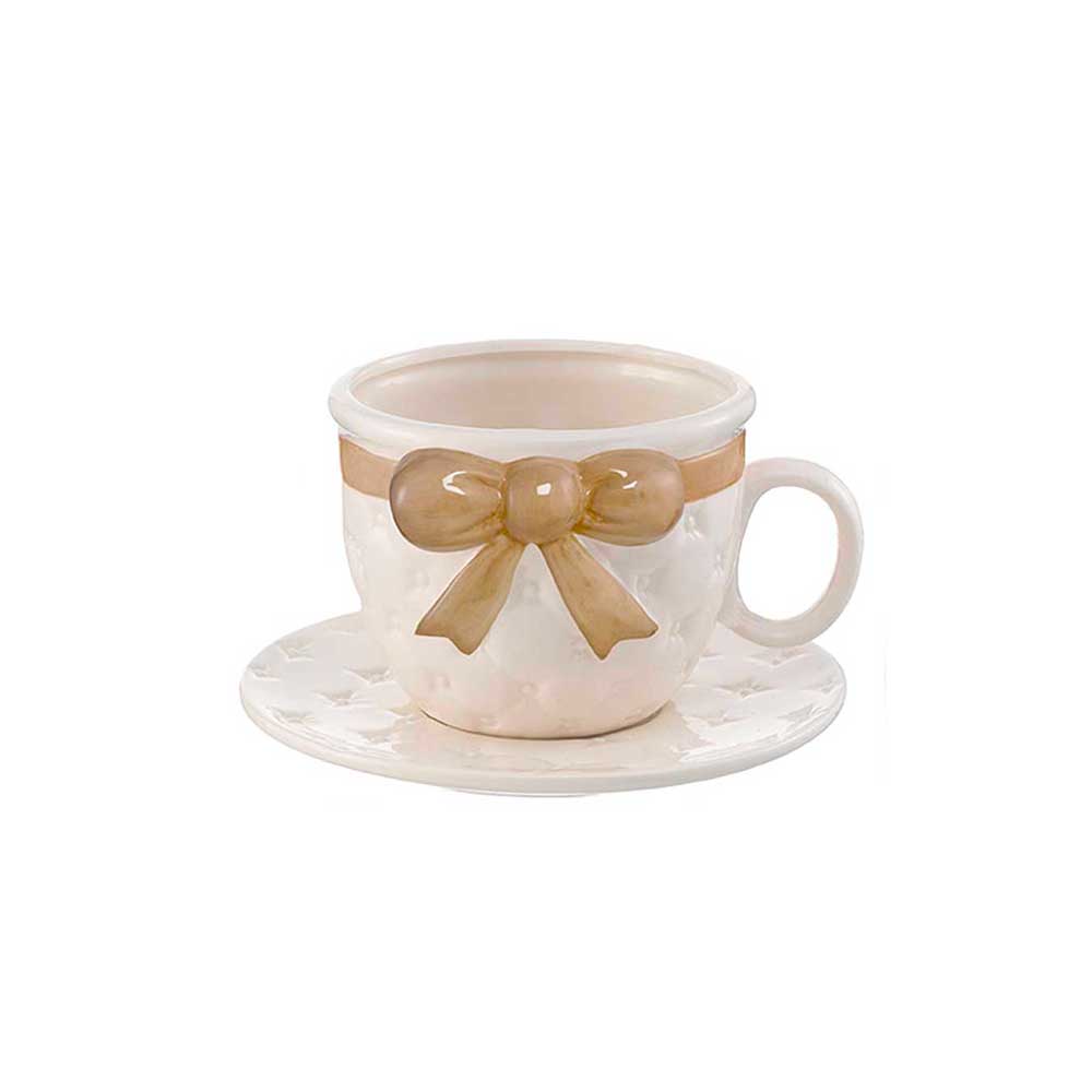 Giardini Di Marzo Tazzone Portacialde In Ceramica Con Fiocco Colore Tortora Diametro 23X15H Cm