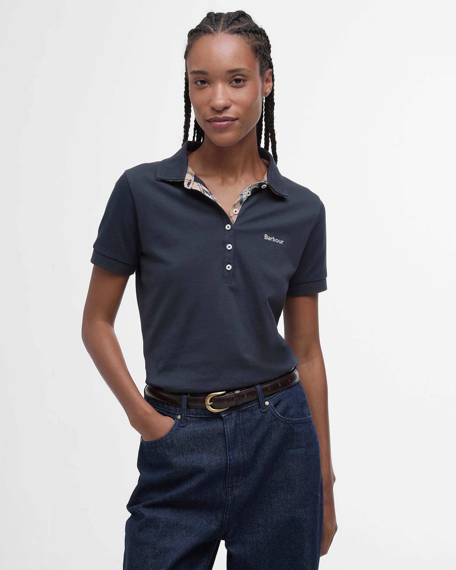 Polo blu Portsdown in piquè di cotone stretch con scritta logo bianca ricamata sul petto