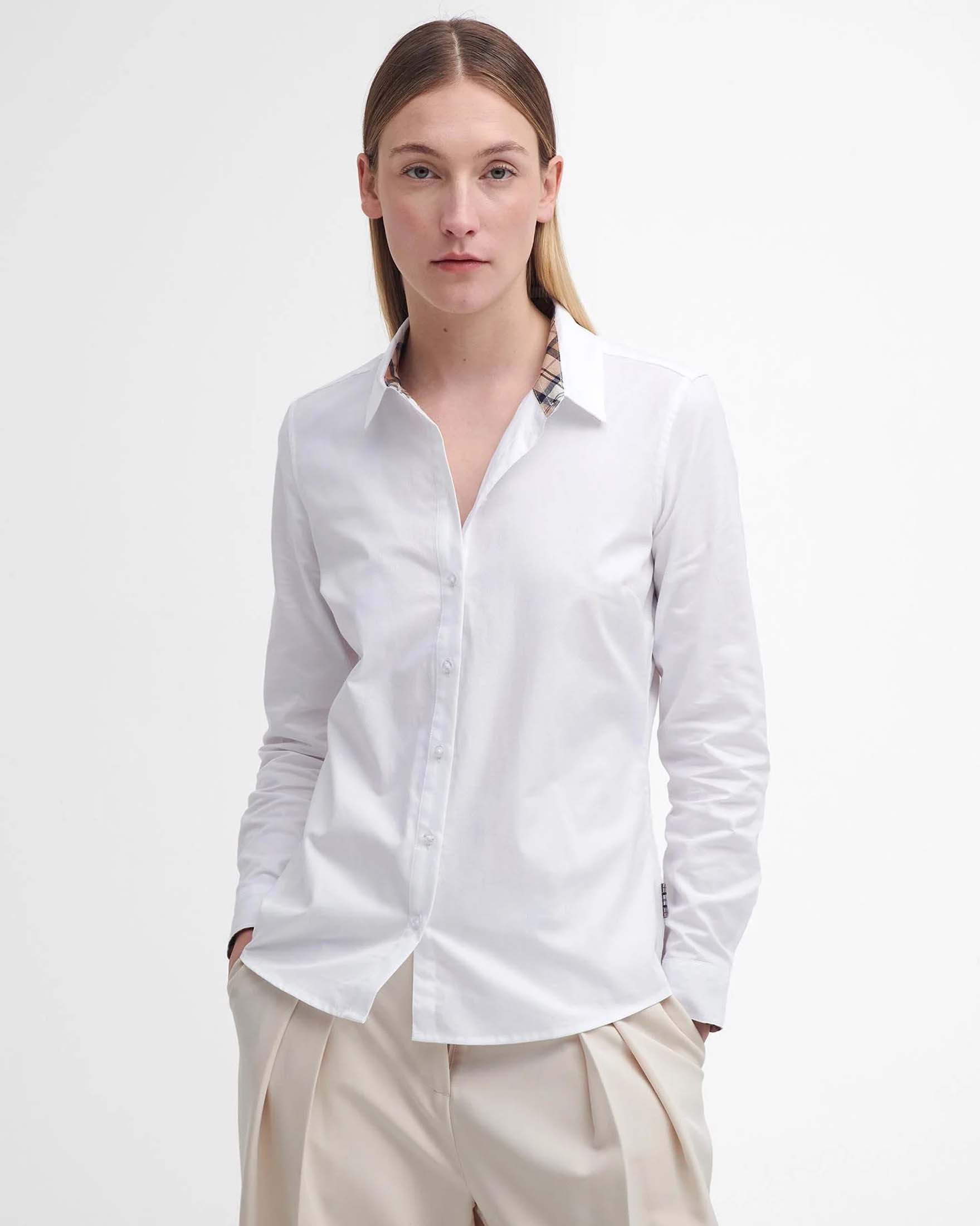 Camicia bianca in cotone Oxford con pinces sul busto e profili interno a fantasia tartan