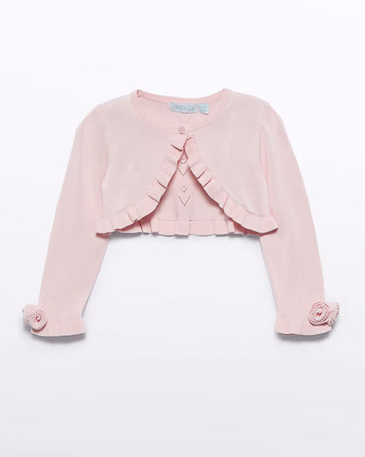 Cardigan rosa lavorato tricot in misto viscosa con volant e roselline
