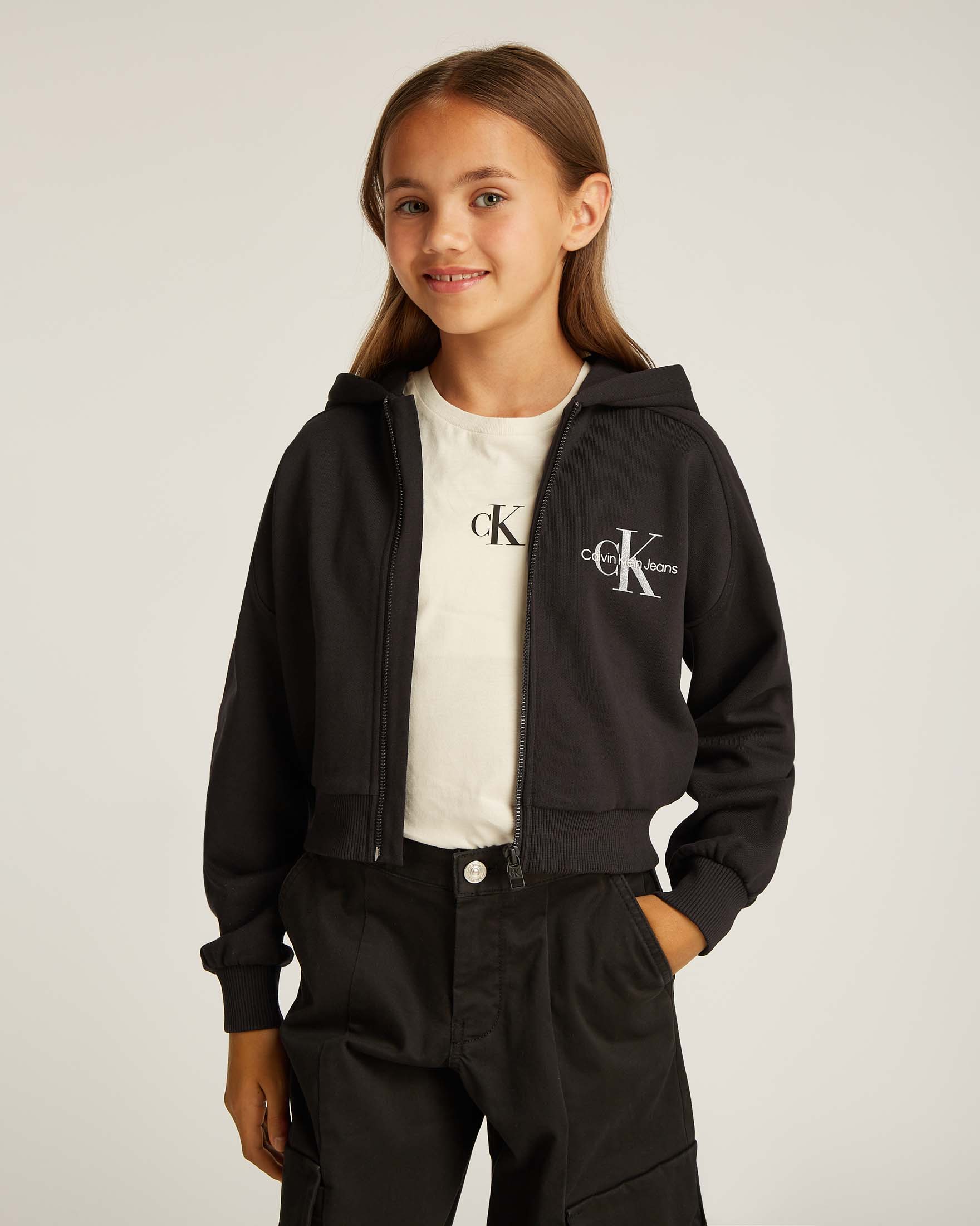 Felpa Calvin Klein nera cropped in cotone con zip e cappuccio