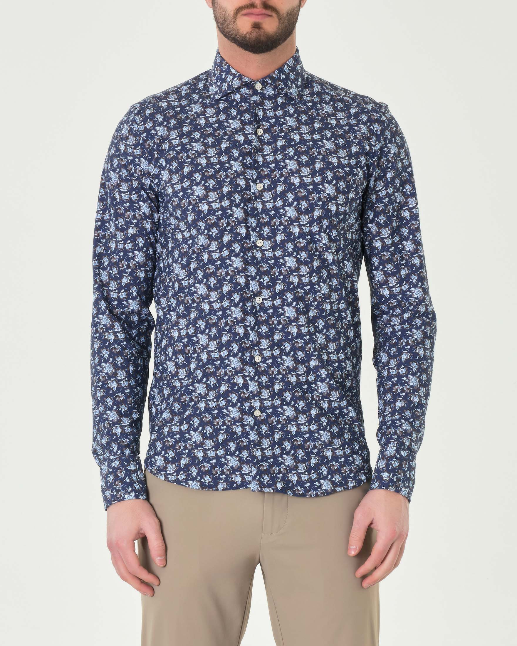 Camicia blu in fantasia floreale azzurra in tessuto tecnico hyper comfort