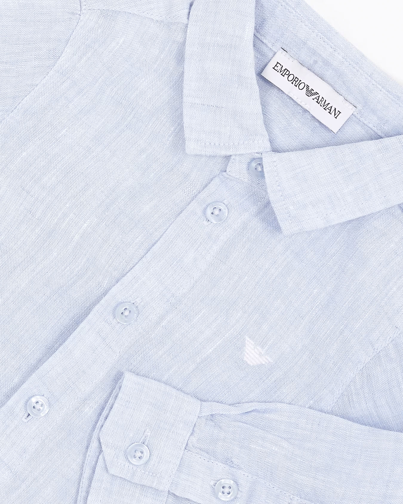 Camicia Emporio Armani Junior azzurra in puro lino con colletto classico e logo sul petto  image