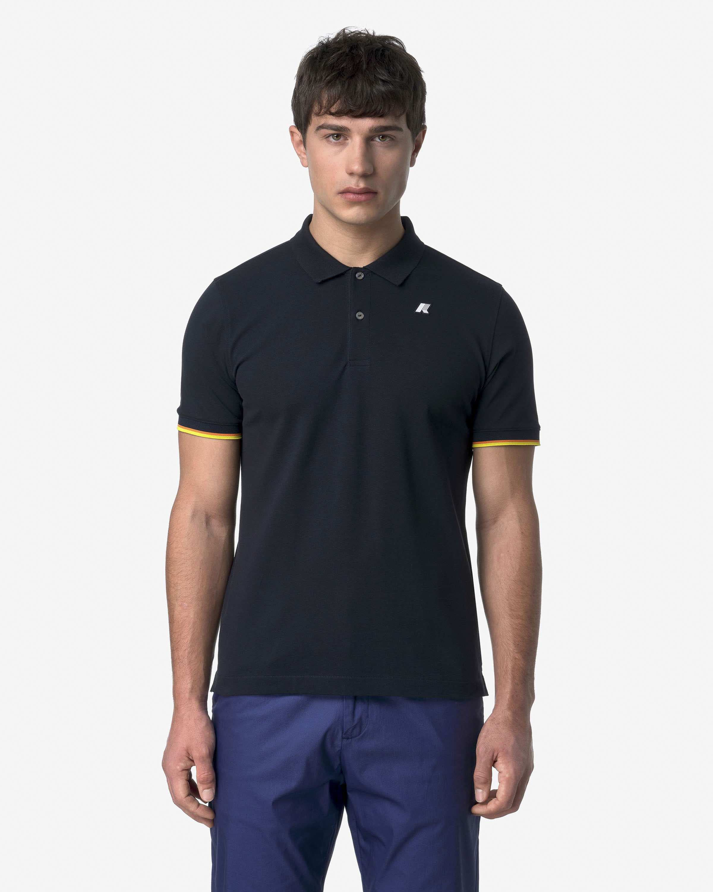 Polo Vincent blu mezza manica in piquet di cotone stretch con bordino sulle maniche