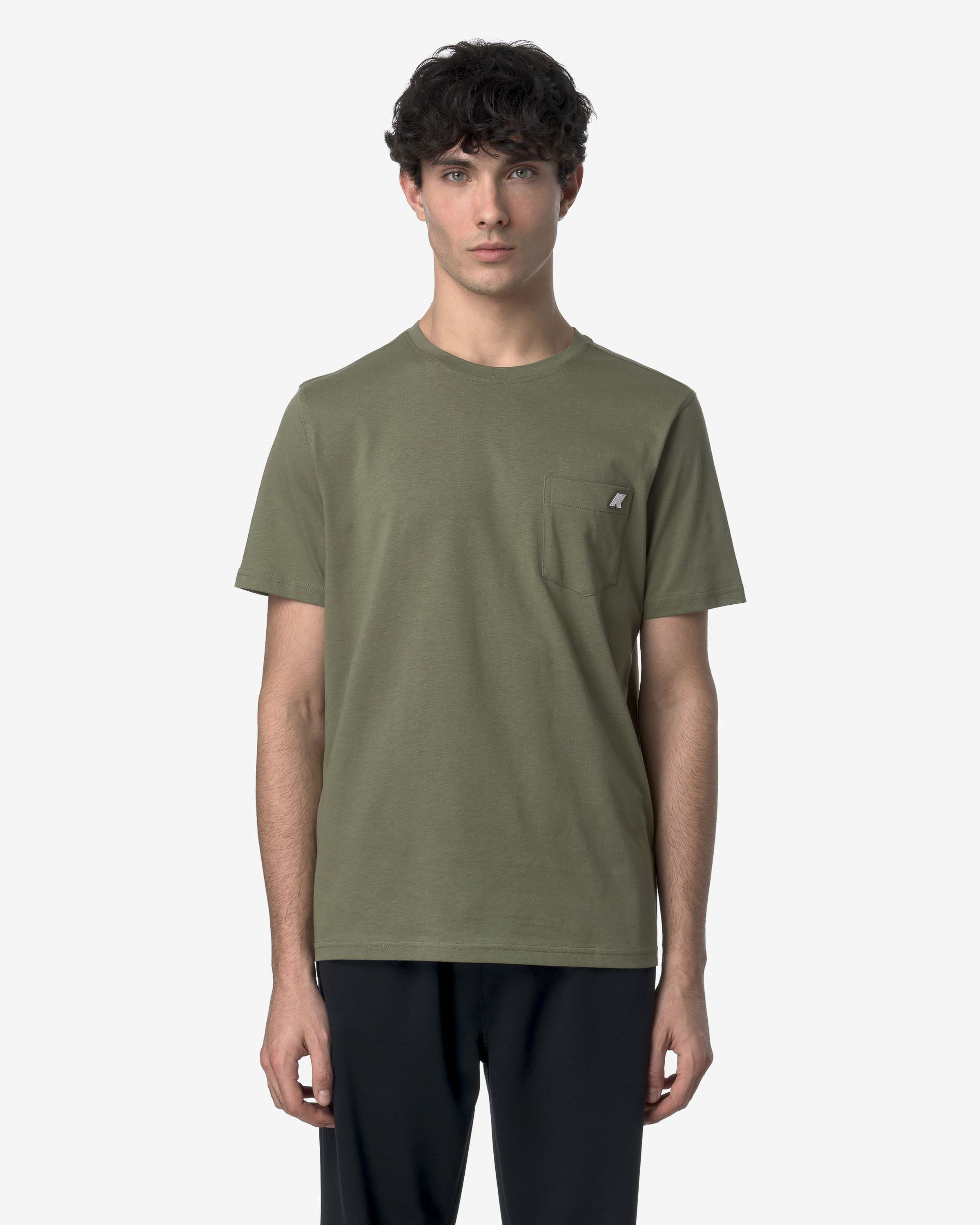 T-shirt K-way verde militare mezza manica in puro cotone con taschino