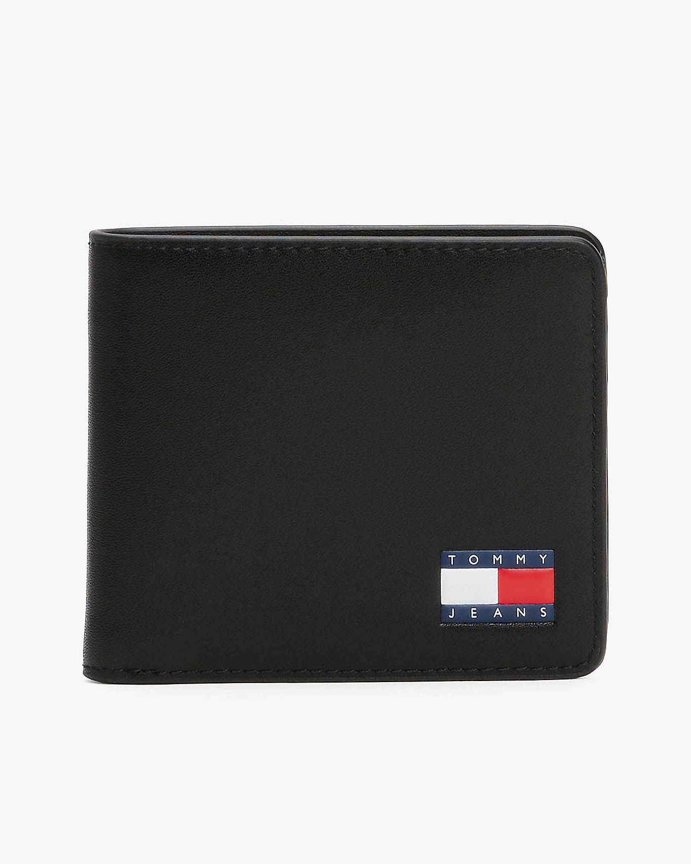 Portafoglio bifold nero in pelle riciclata zigrinata con logo flag stampato sul davanti