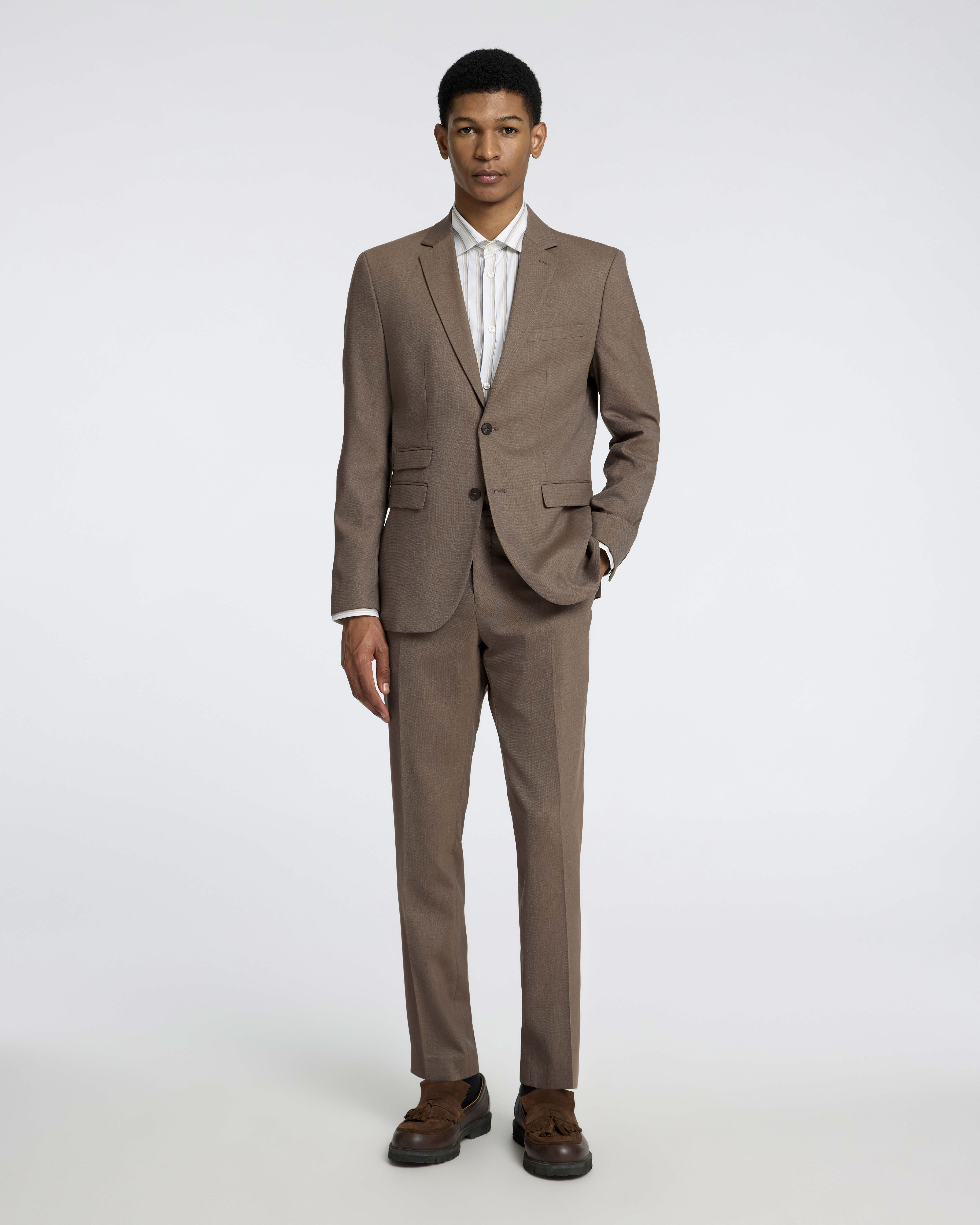 Blazer Neil color fango in tessuto armaturato di misto viscosa stretch con chiusura monopetto