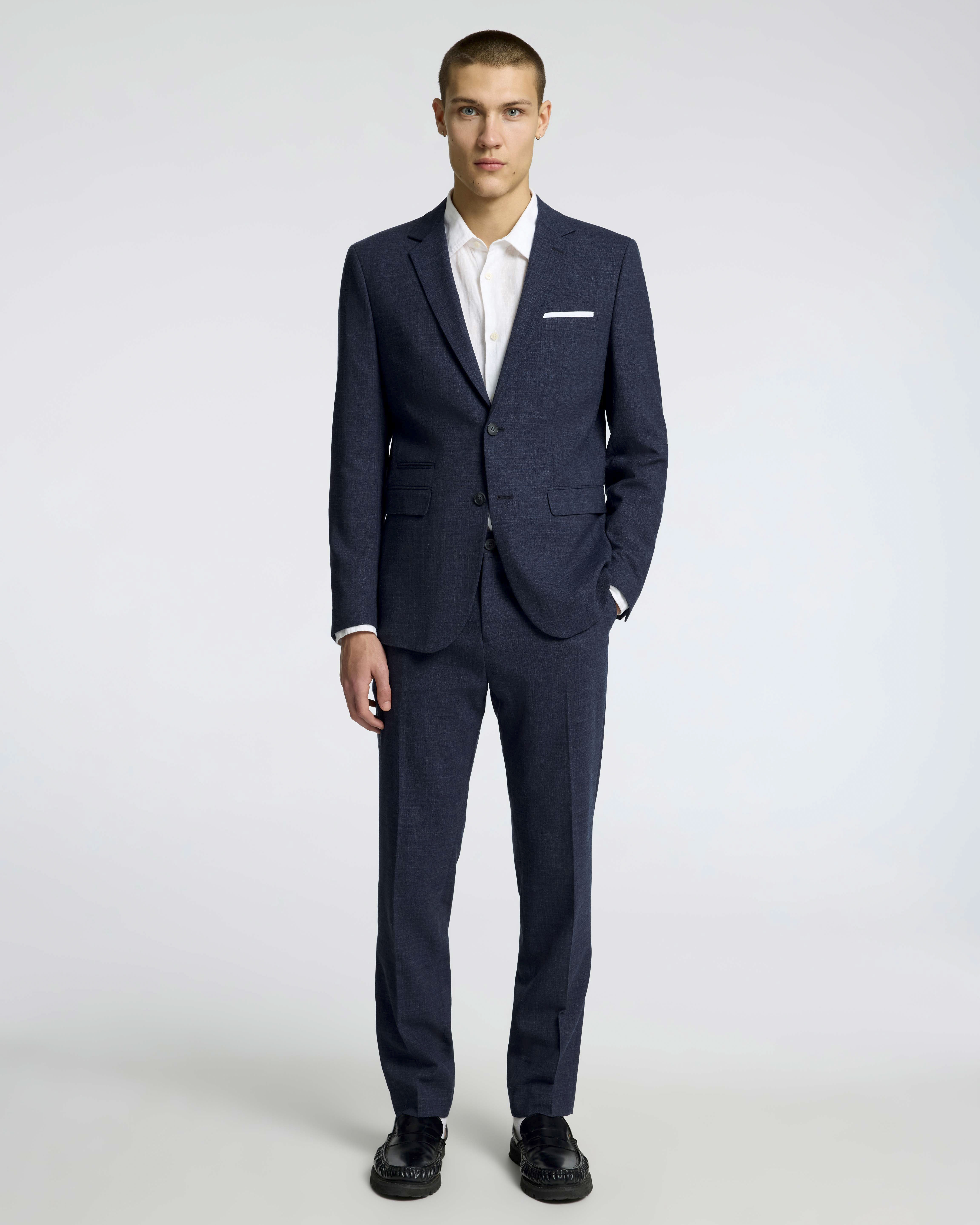 Blazer Oasis blu navy slim-fit in tessuto fiammato di misto lana e lino stretch con chiusura monopetto