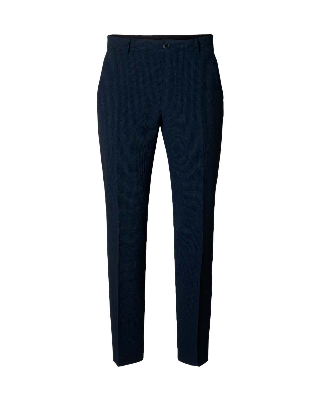 Pantaloni Yose blu navy slim-fit in seersucker di misto viscosa stretch con piega stirata