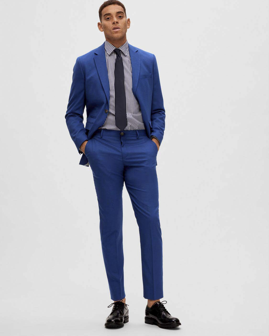 Pantaloni Neil blu slim-fit in tessuto armaturato di misto lana e viscosa stretch con piega stirata