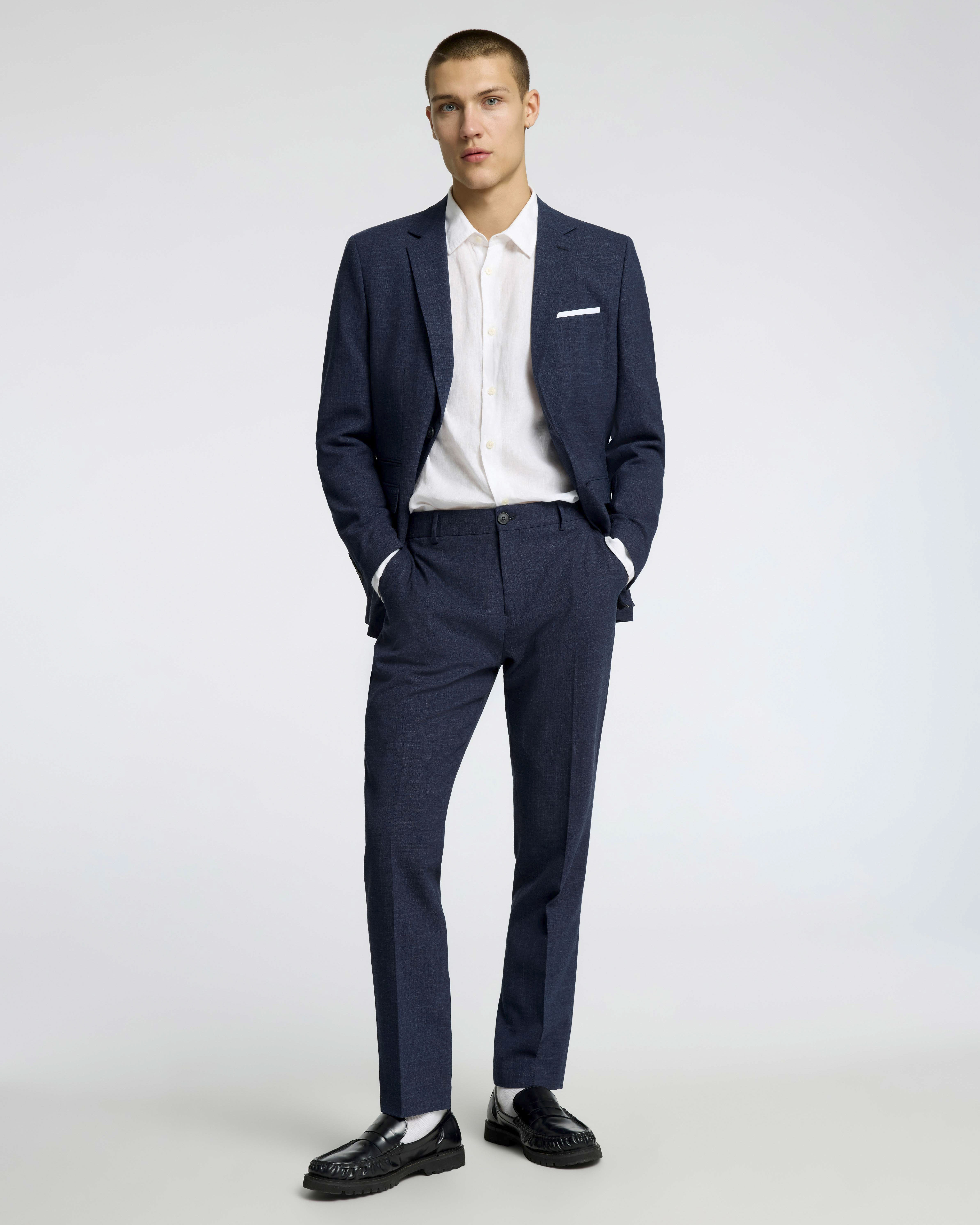 Pantaloni Oasis blu slim-fit in tessuto fiammato di misto lana e lino stretch con piega stirata