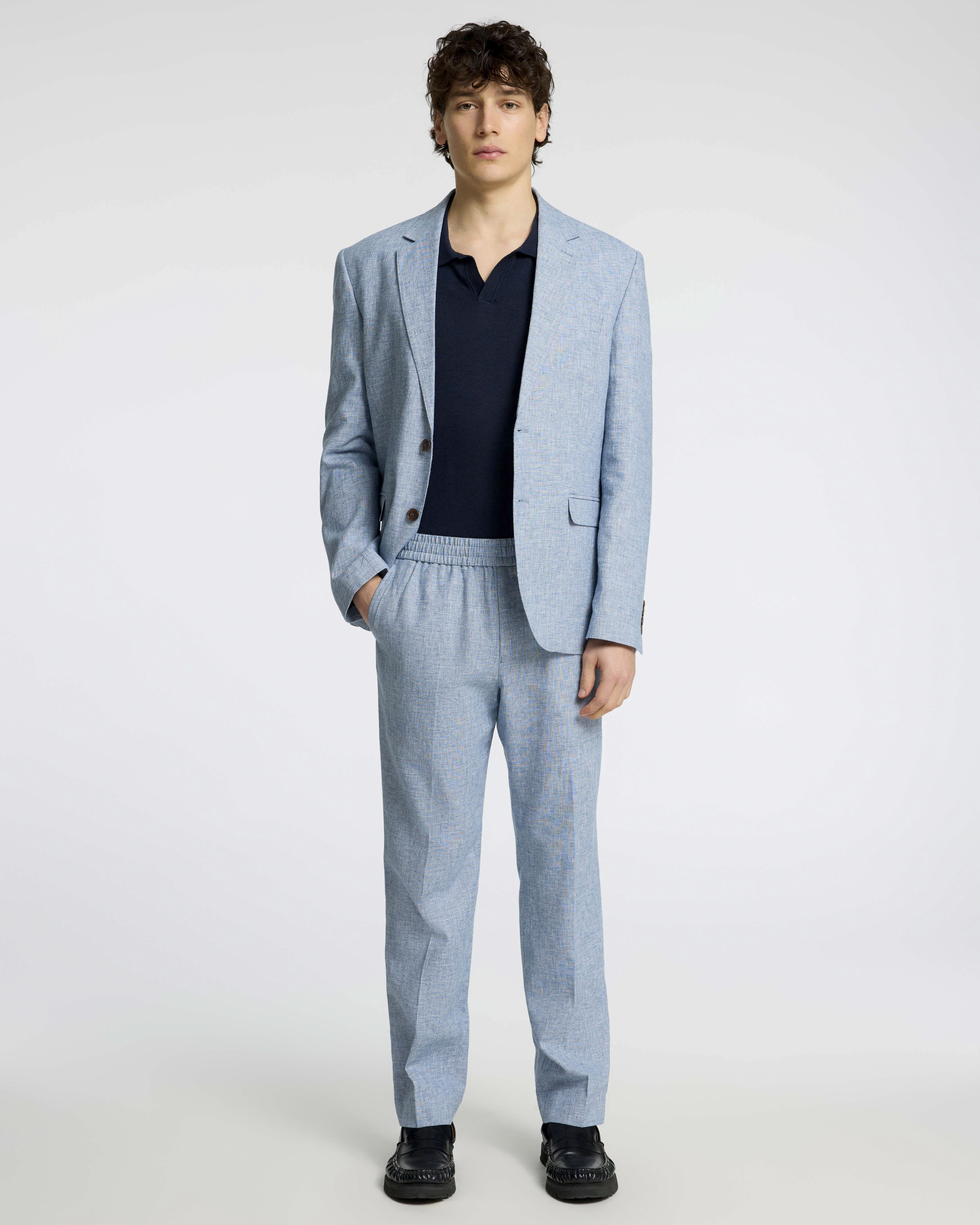 Pantaloni Malik azzurri regular-fit in lino e cotone con fascia elastica in vita e piega stirata