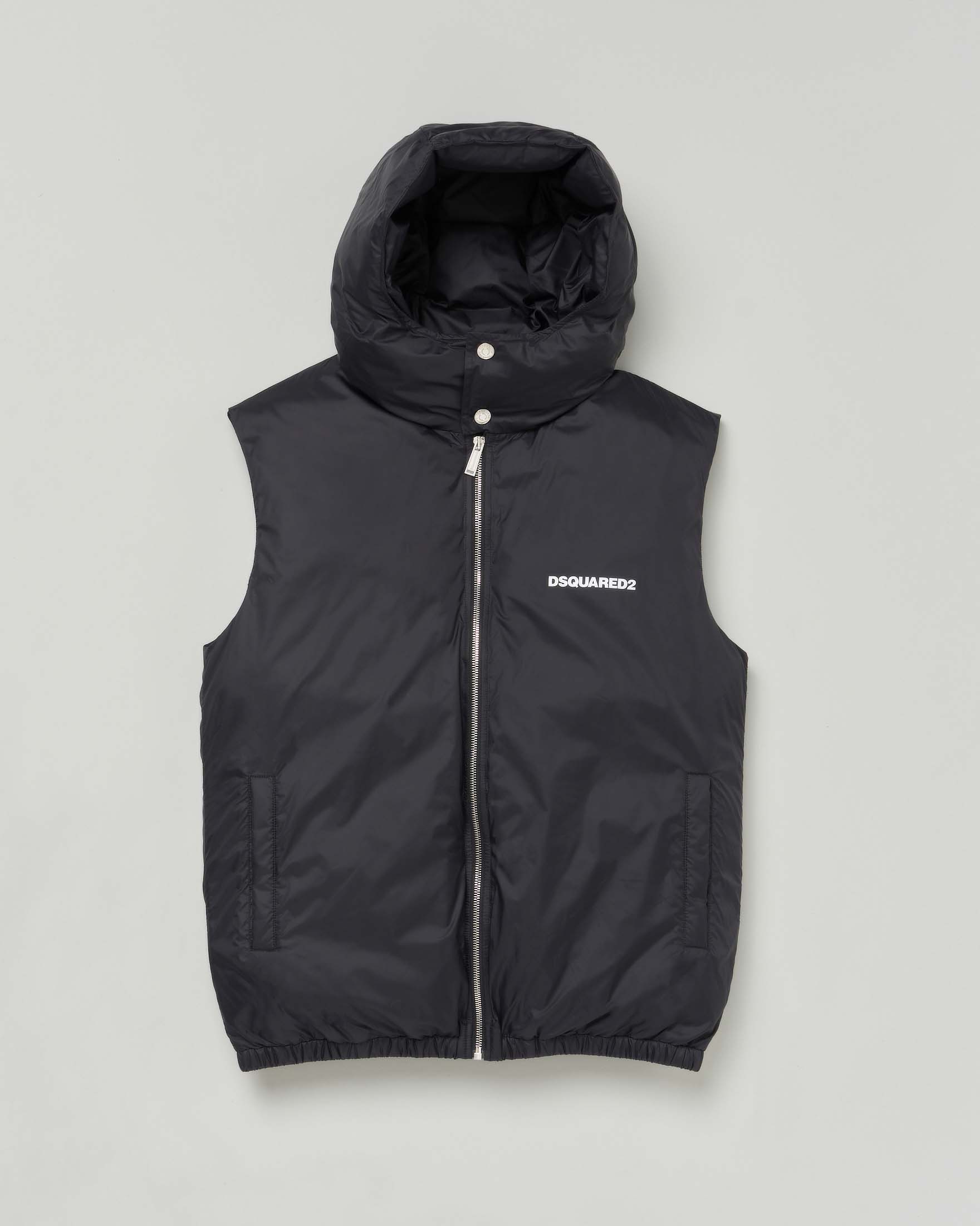 Piumino nero smanicato in nylon con cappuccio e logo scritta
