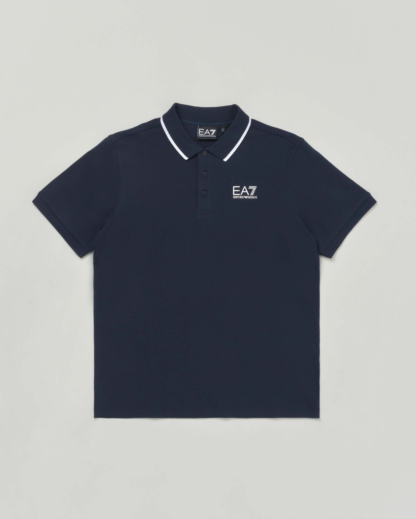 Polo blu EA7 mezza manica in piquet di cotone con bordino in contrasto