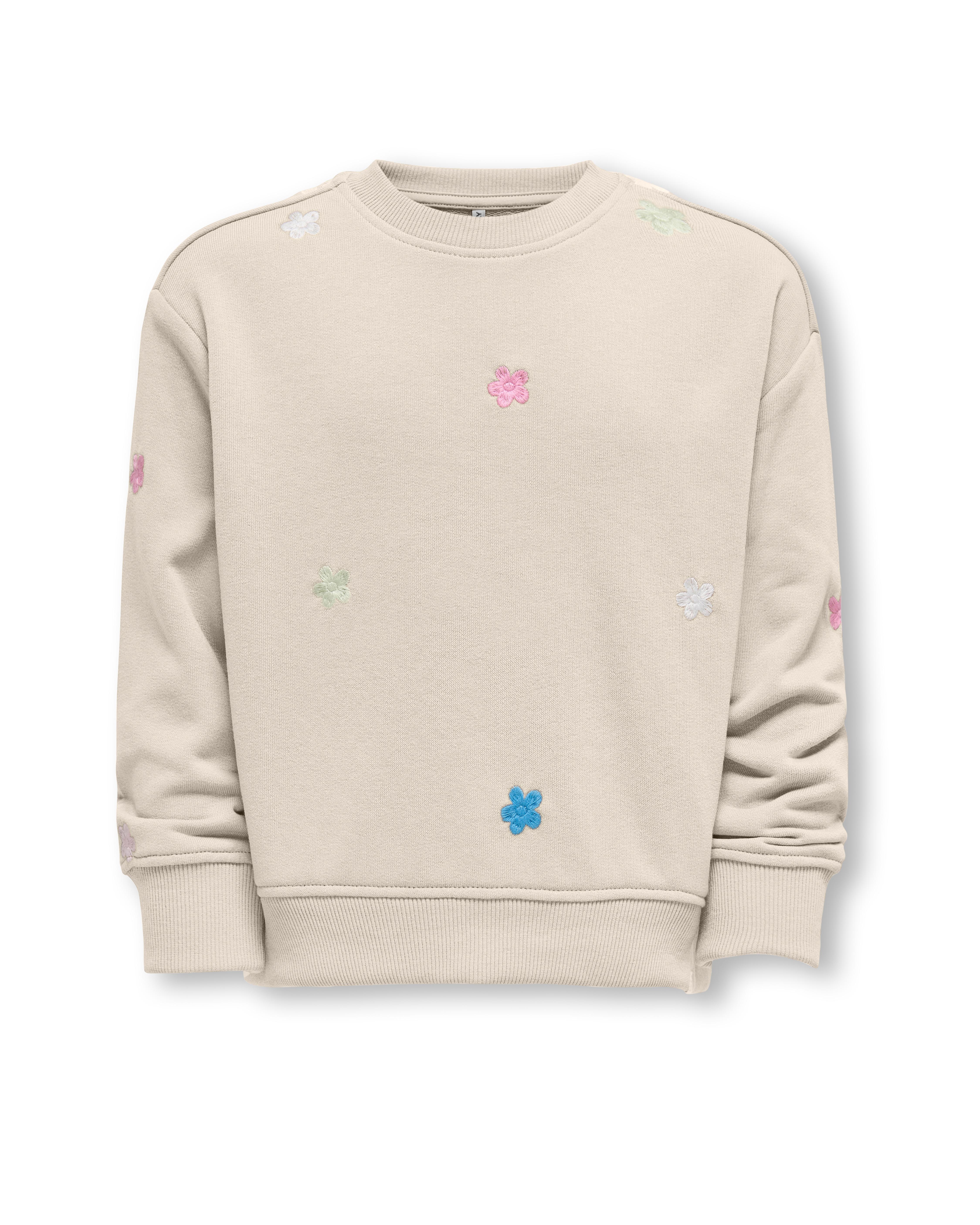 Felpa beige girocollo in misto cotone con ricamo fiori multicolor all over
