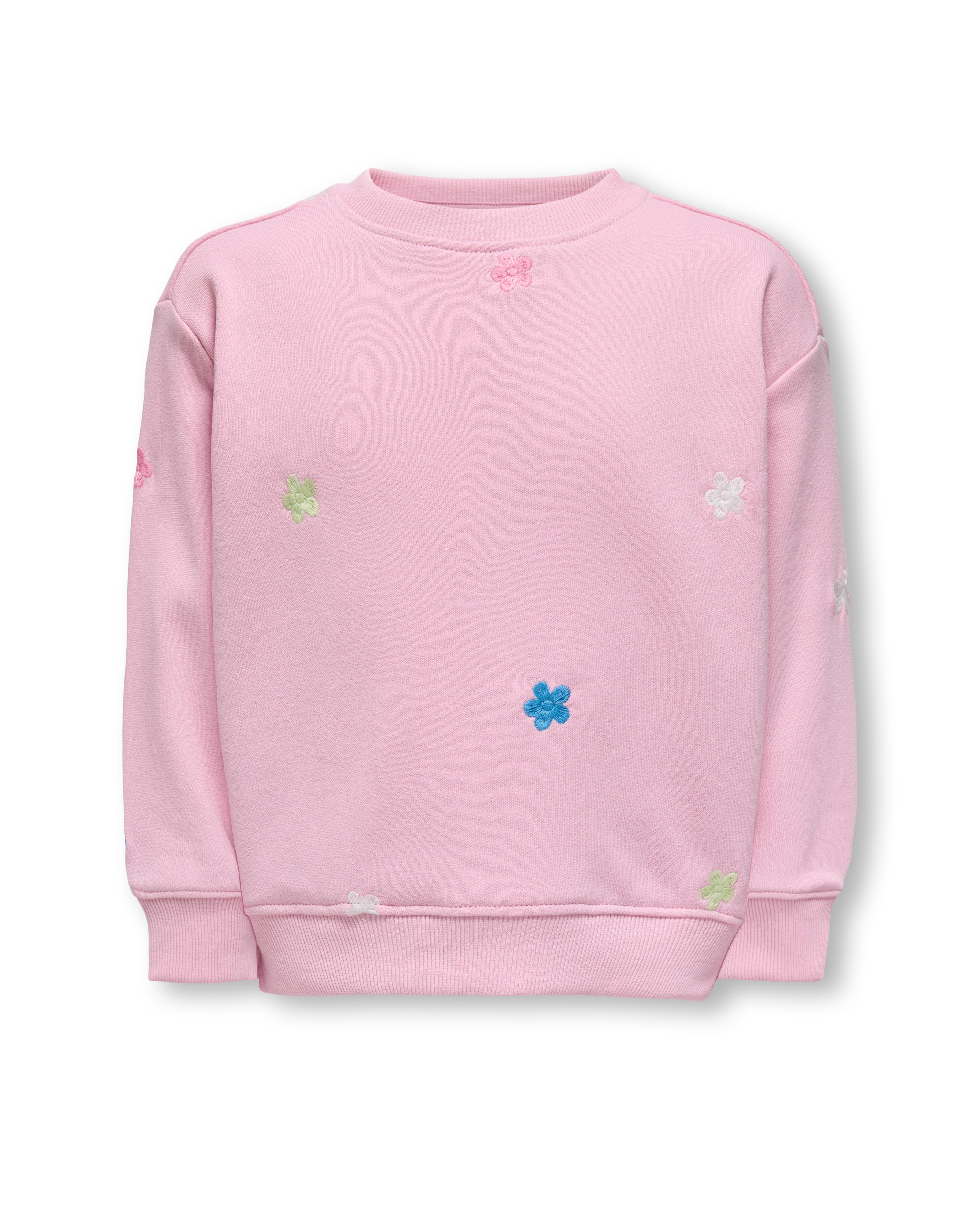Felpa rosa girocollo in misto cotone con ricamo fiori multicolor all over
